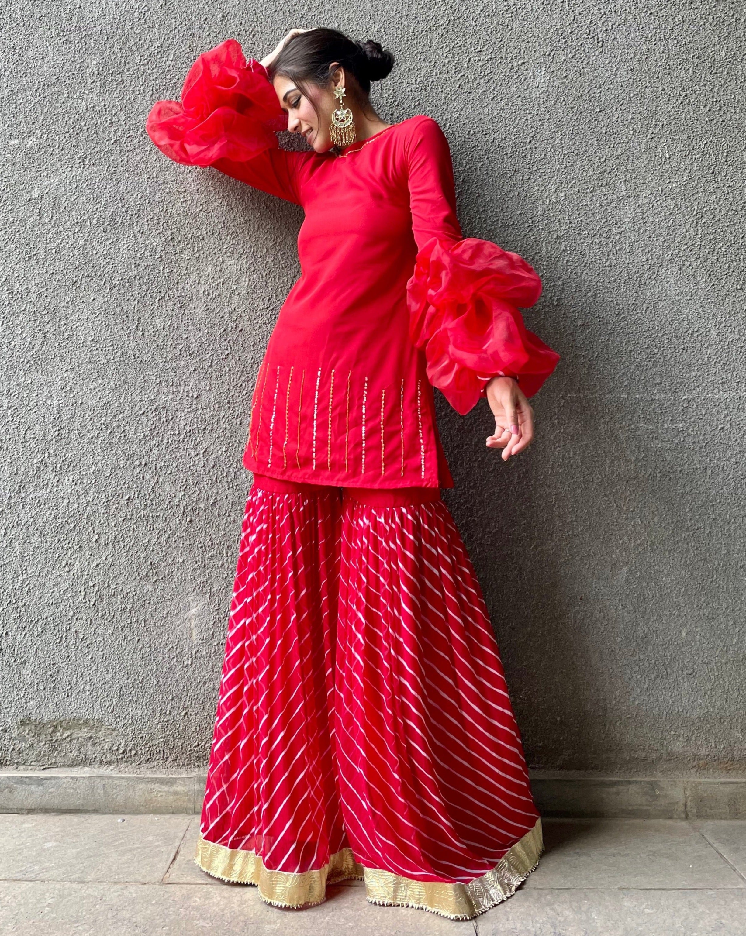 Red leheriya fusion suit set with Balloon sleeves