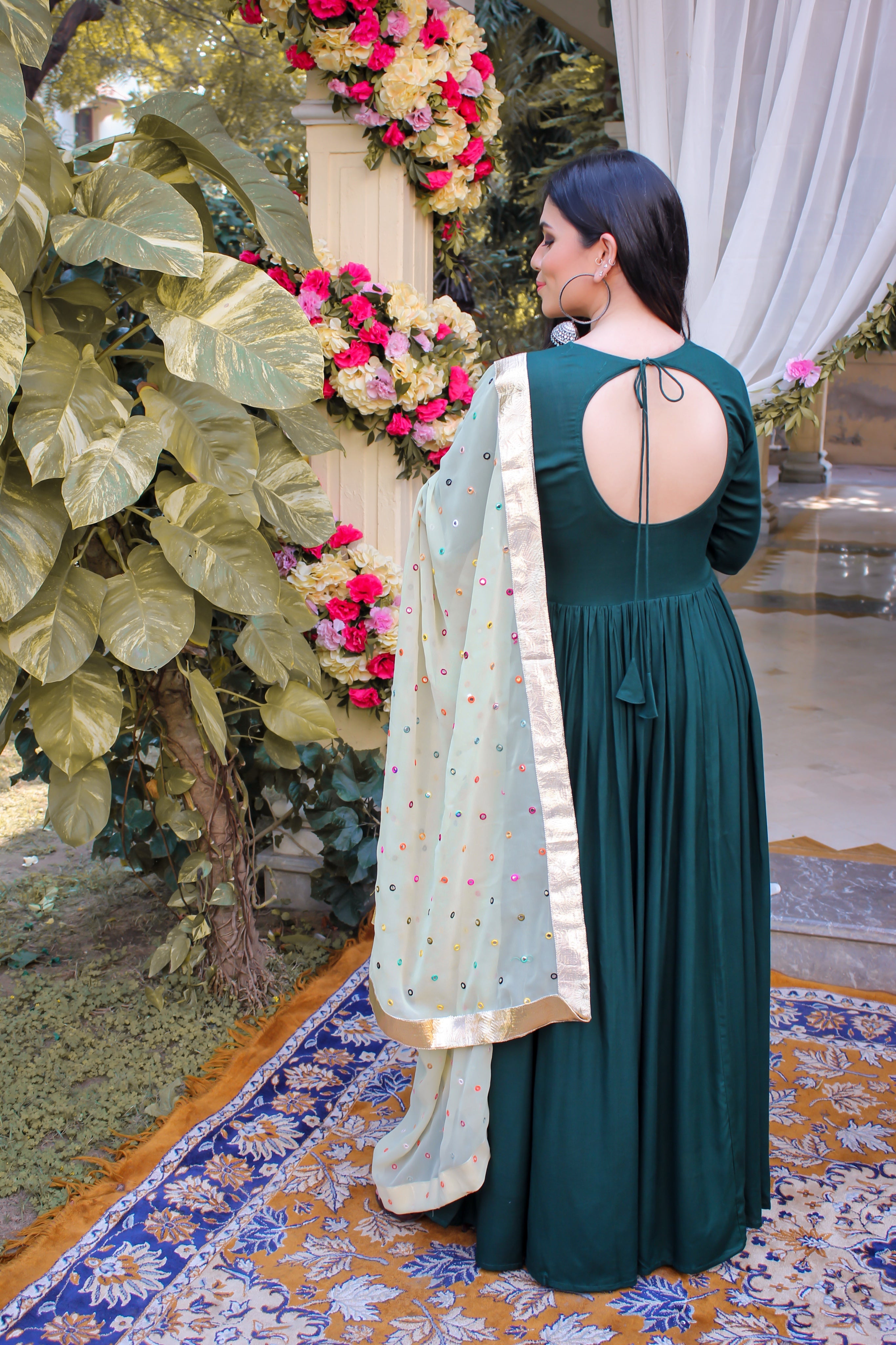 Bottle Green kanchali Neck Suit Set