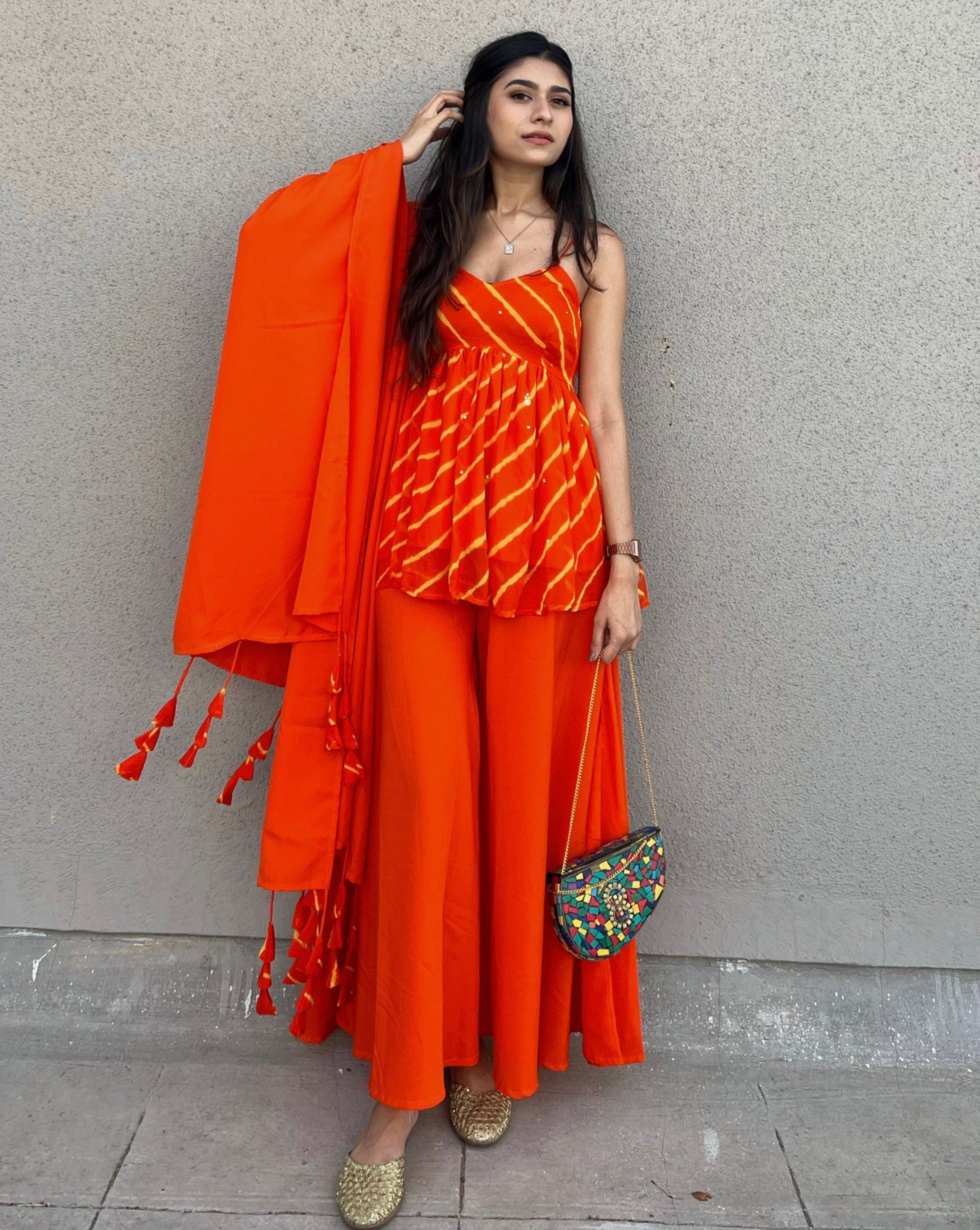 Spaghetti Orange Leheriya Suit Set