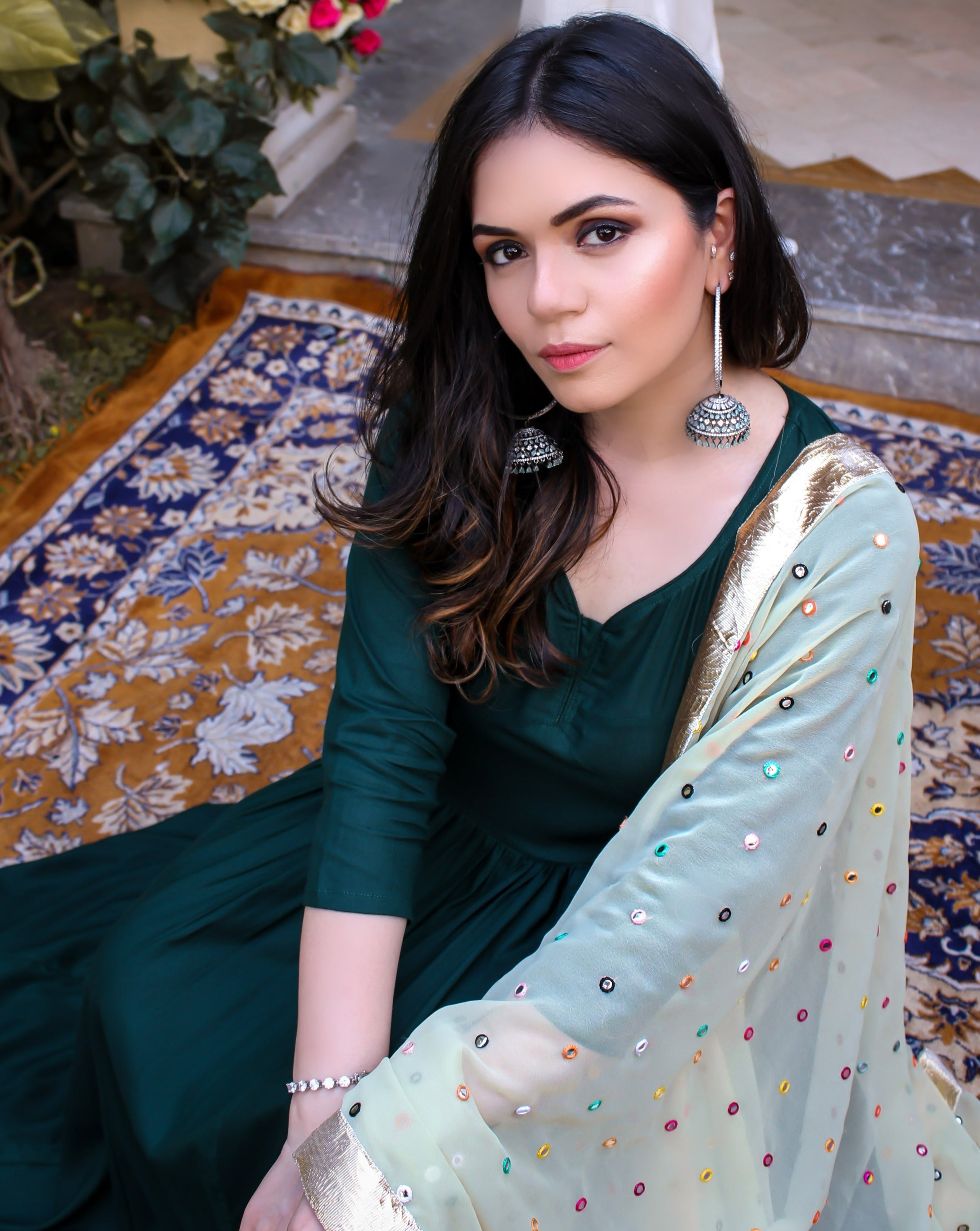 Bottle Green kanchali Neck Suit Set