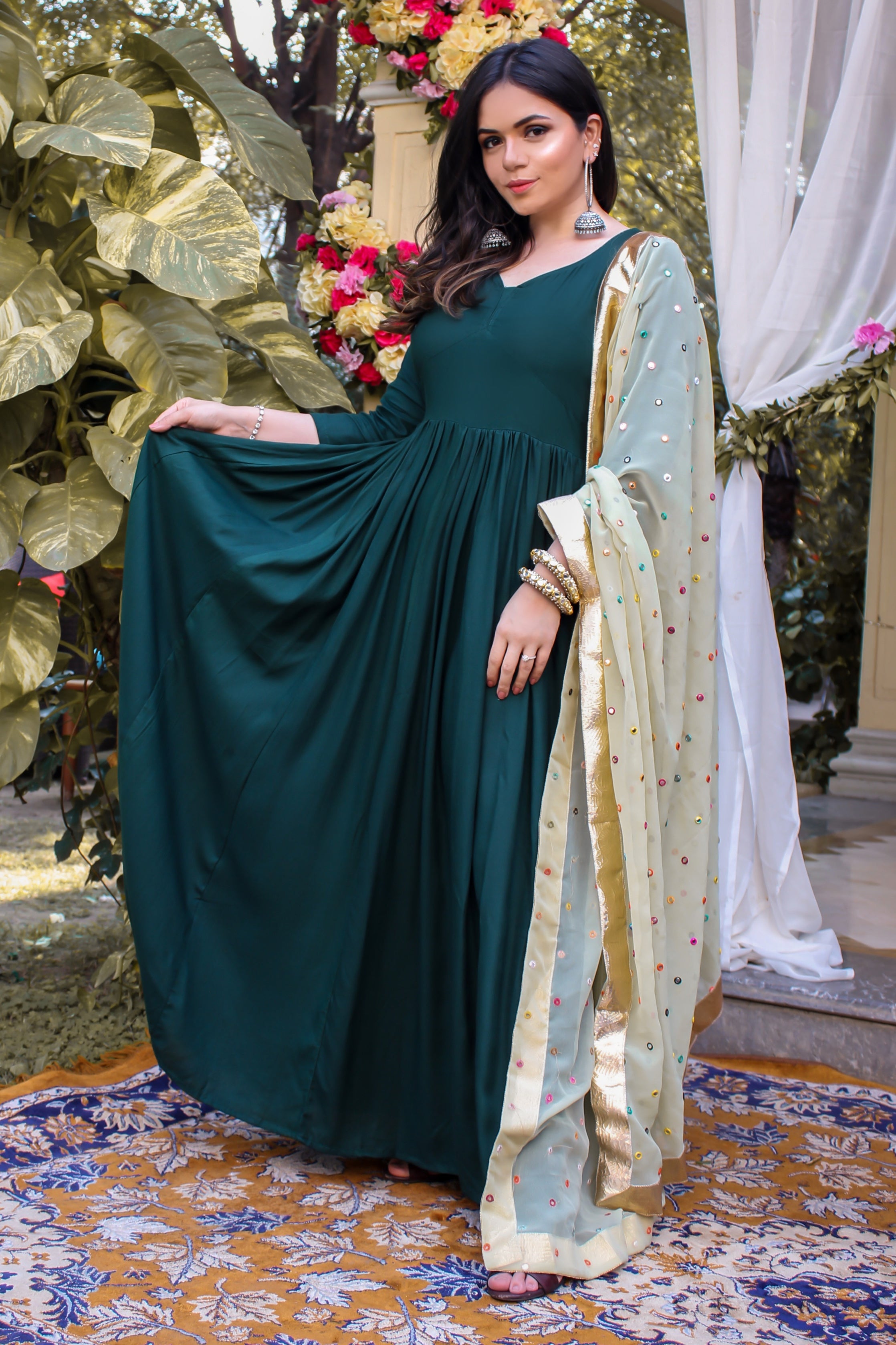 Bottle Green kanchali Neck Suit Set