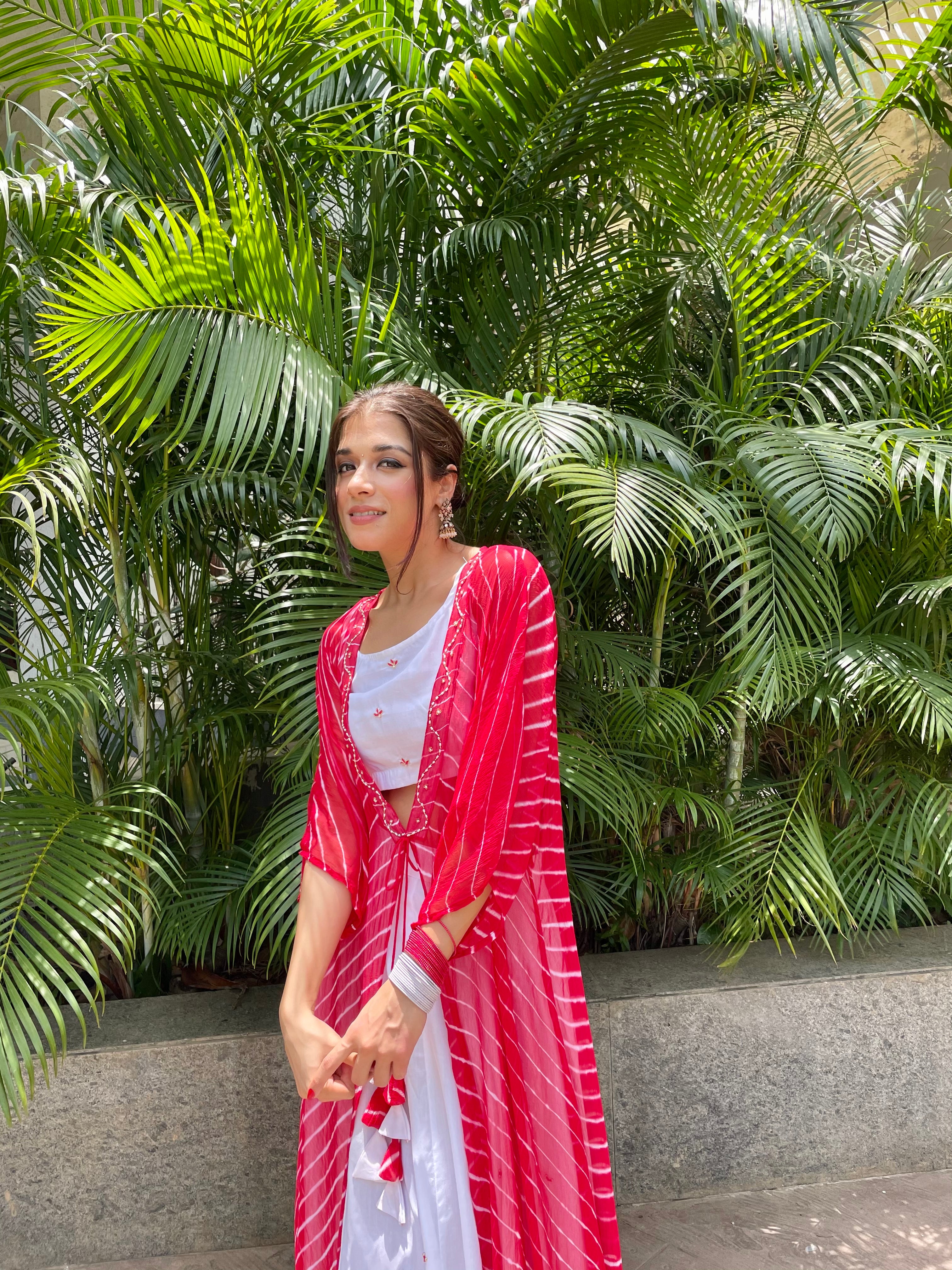 Red leheriya fusion skirt set