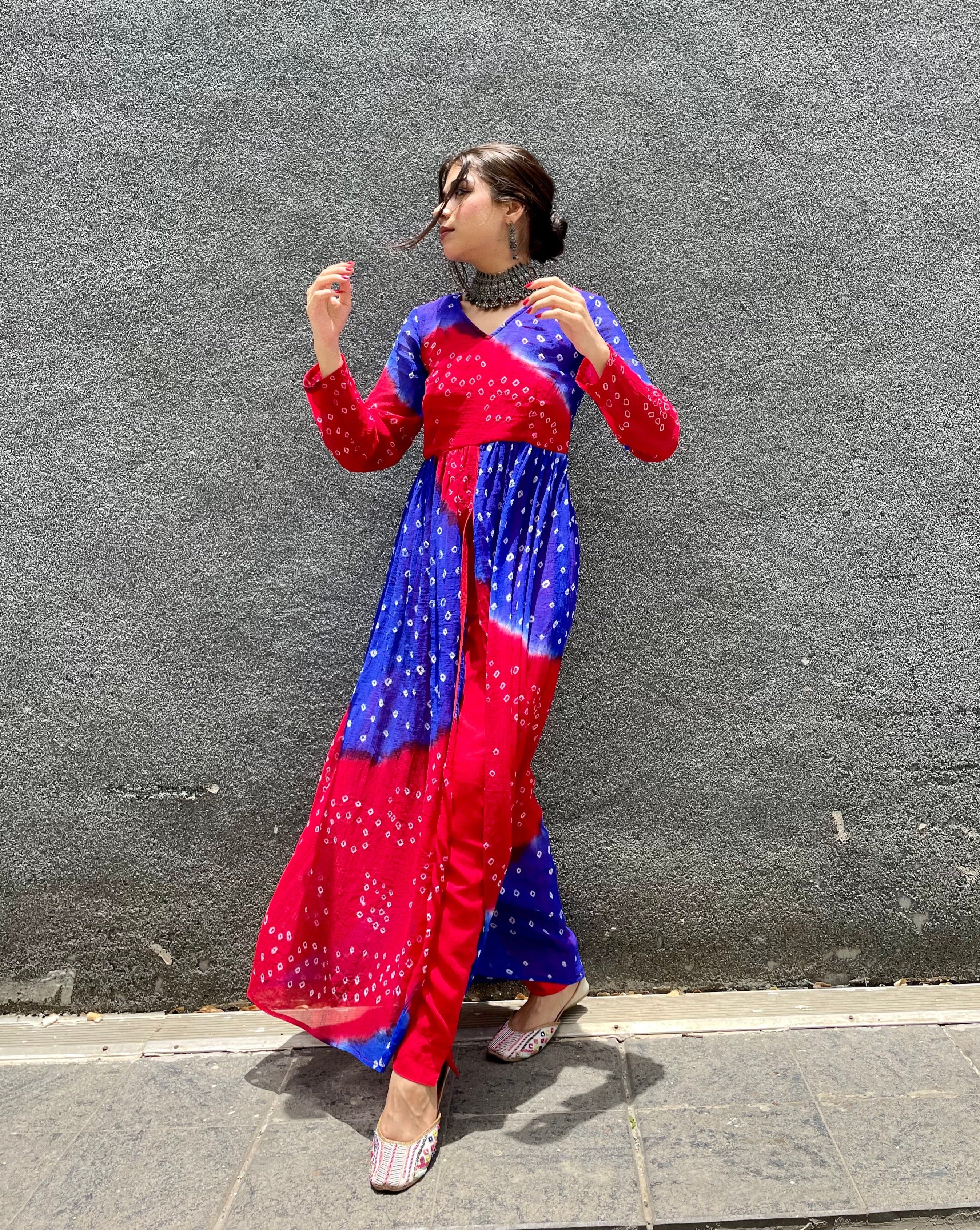 Exclusive Red blue multicolor bandhej suit set