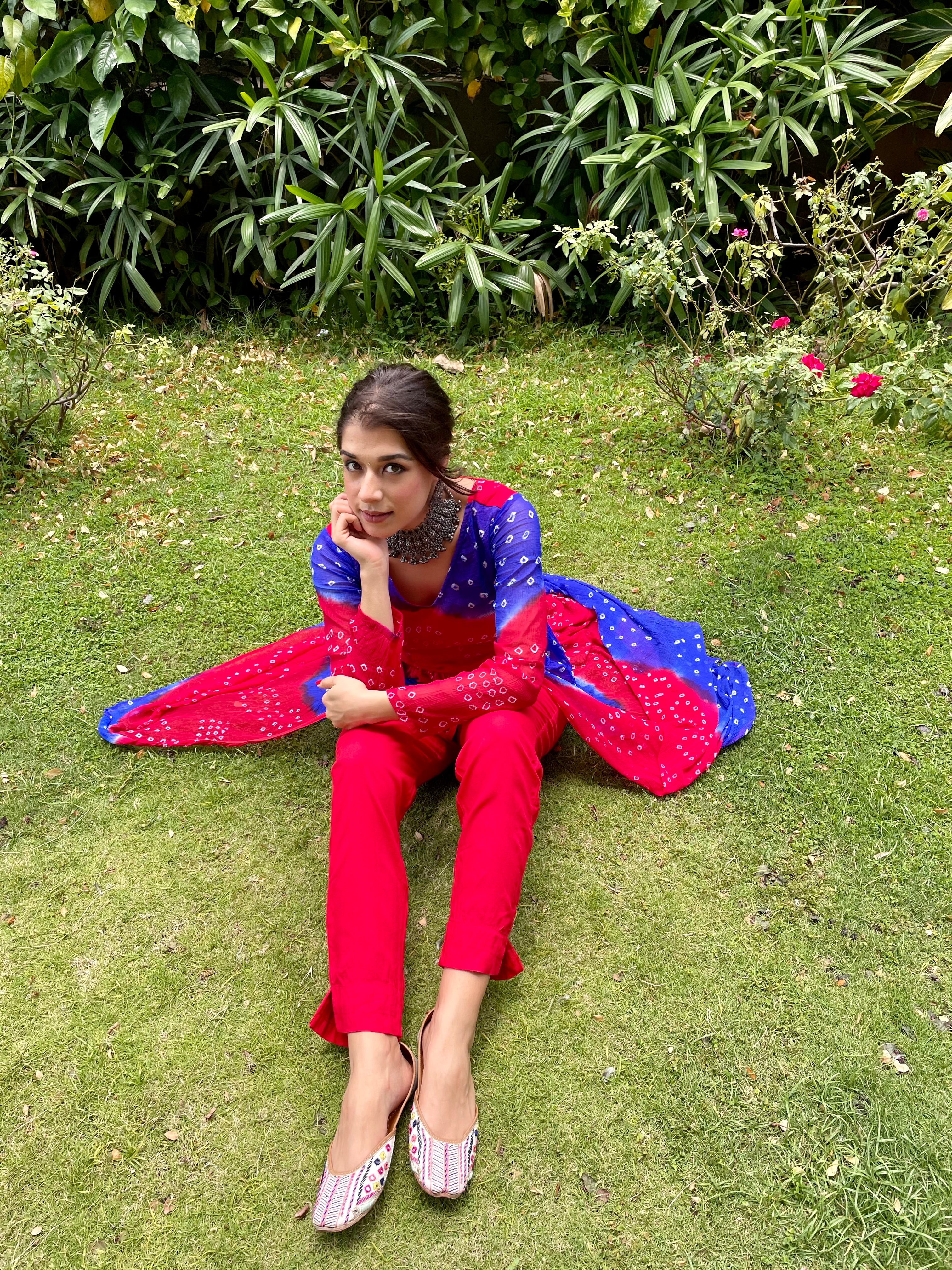 Exclusive Red blue multicolor bandhej suit set