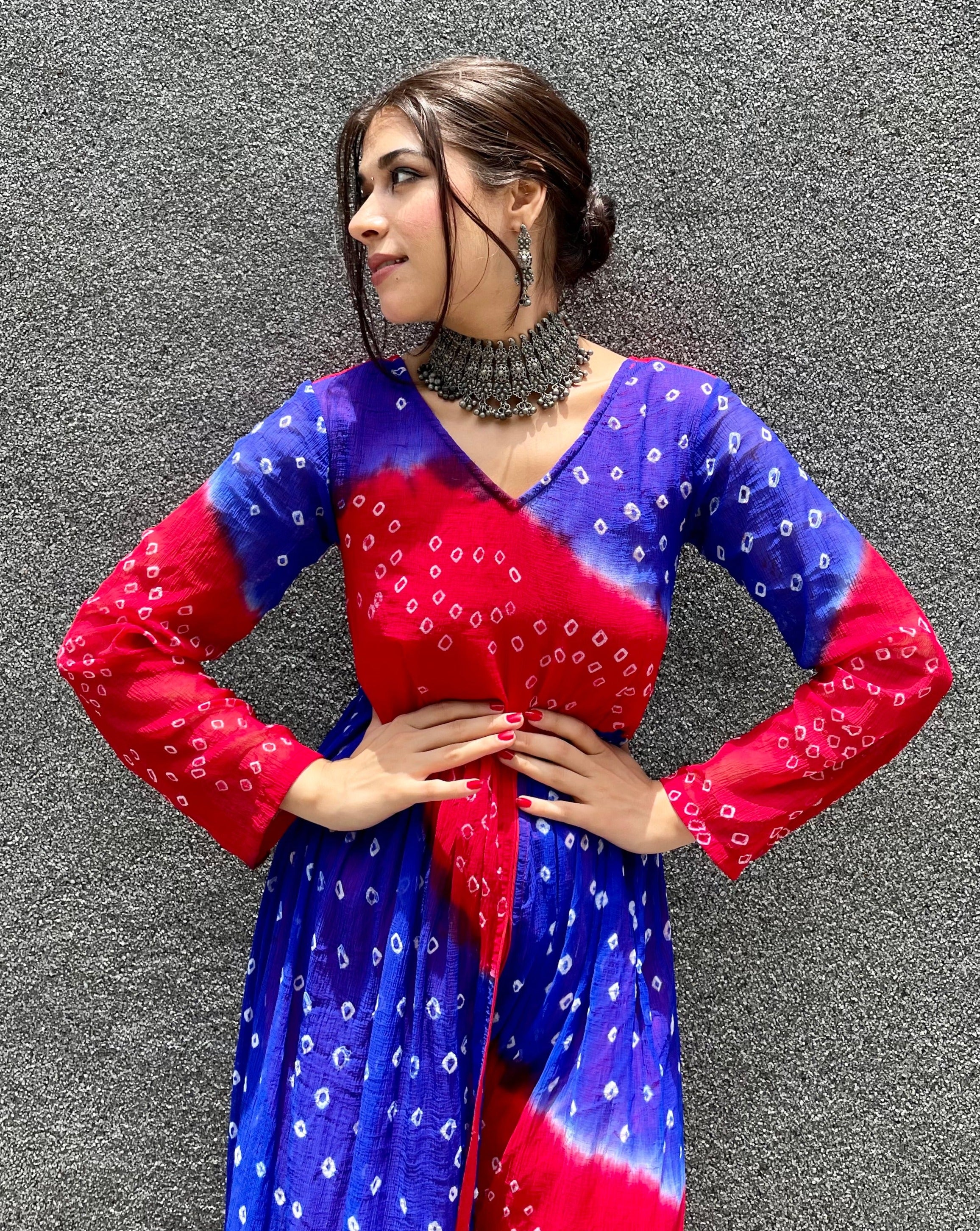 Exclusive Red blue multicolor bandhej suit set