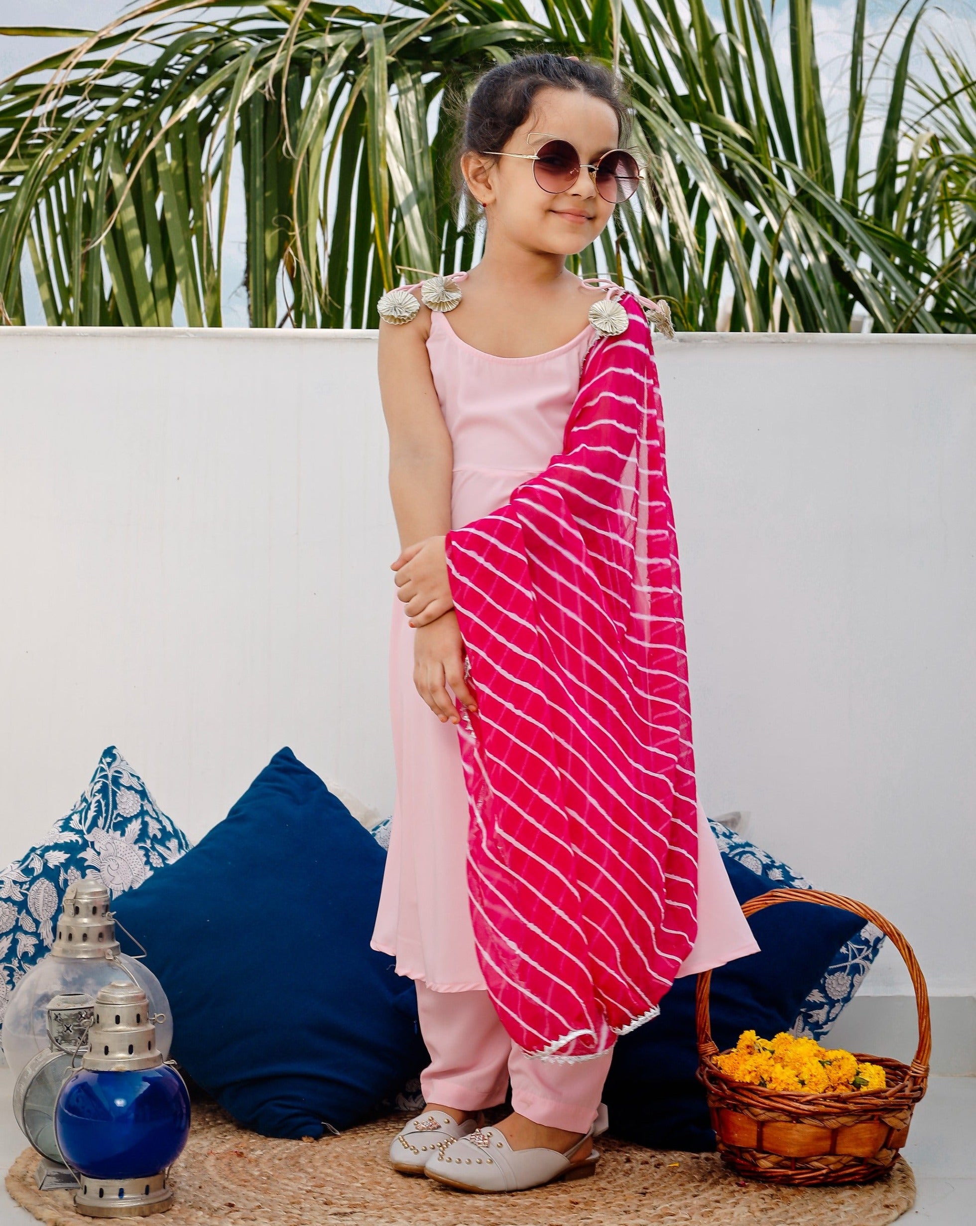 Peasant Pink Suit Set with Leheriya Dupatta