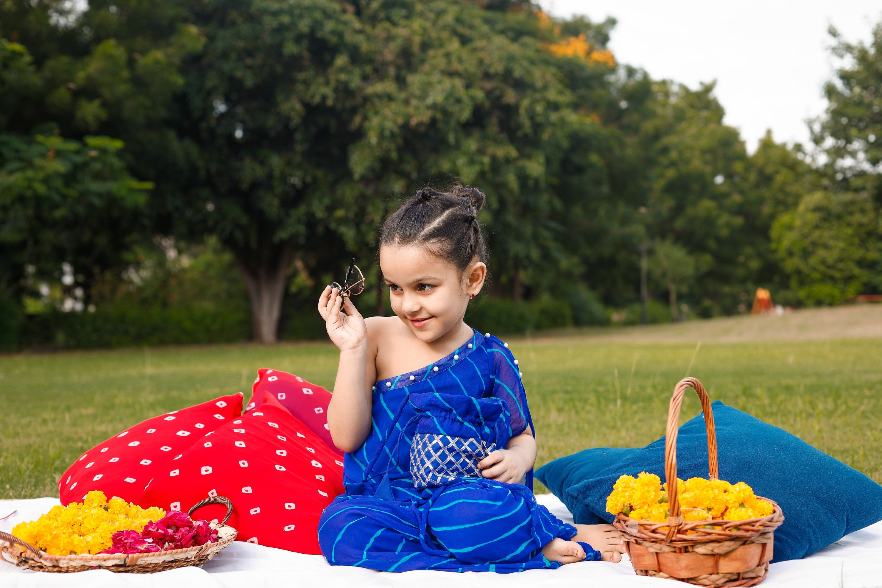 Embellished blue one shoulder kurta set