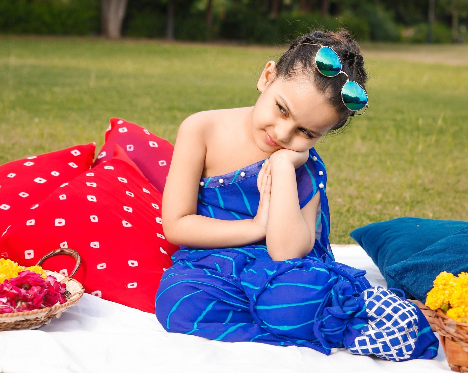 Embellished blue one shoulder kurta set