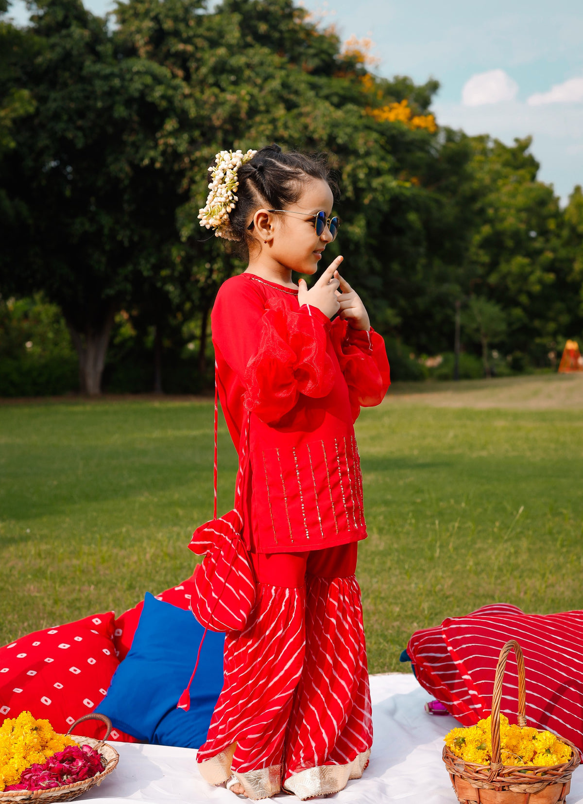 Red Sequin Balloon Sleeves Sharara Set