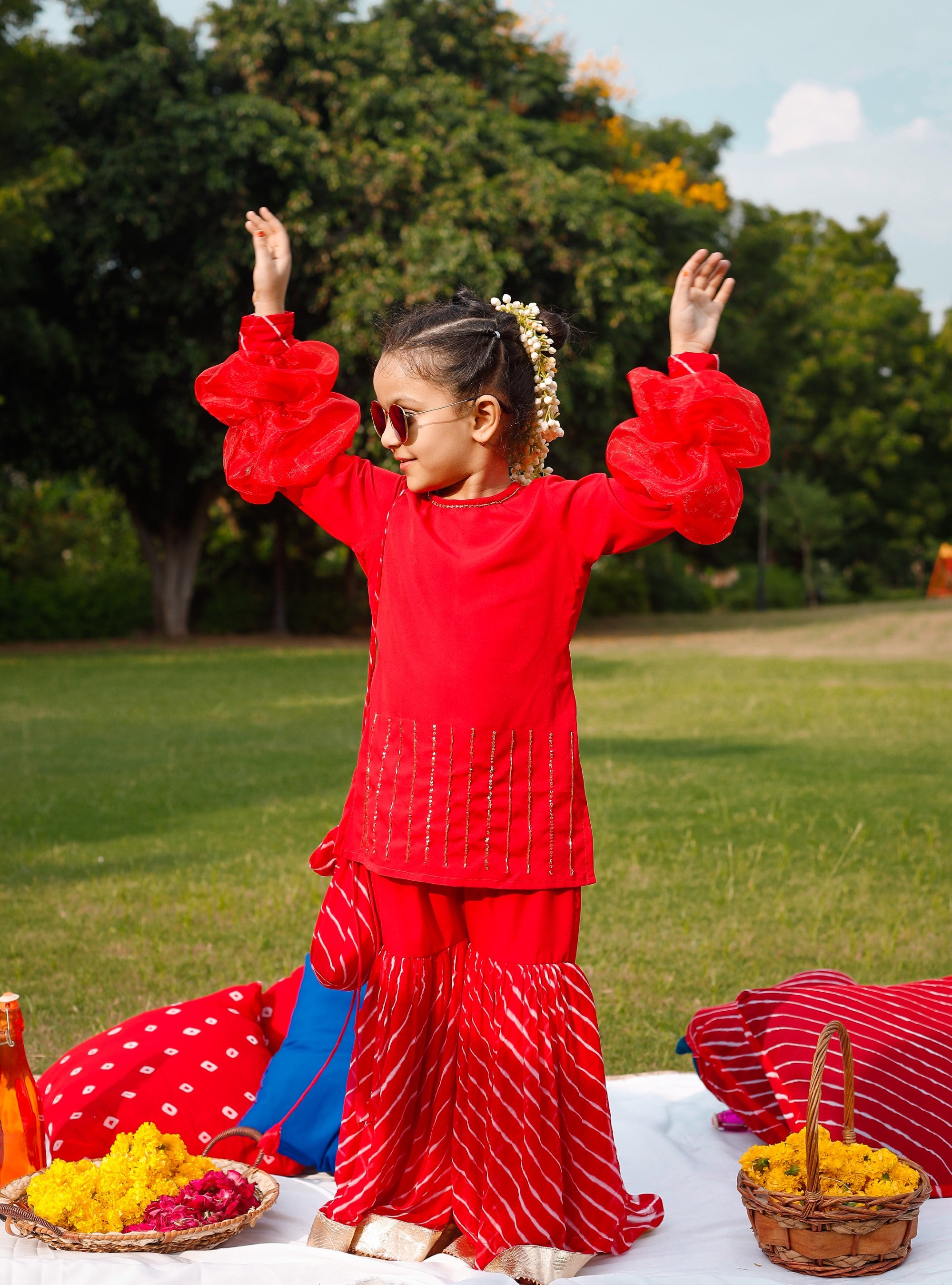 Red Sequin Balloon Sleeves Sharara Set