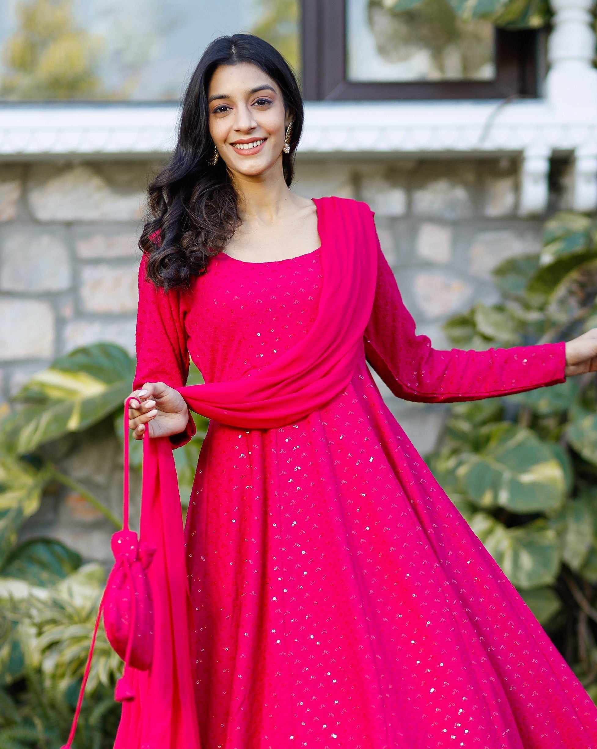 Embellished Pink Chikankari Suit Set With Potli
