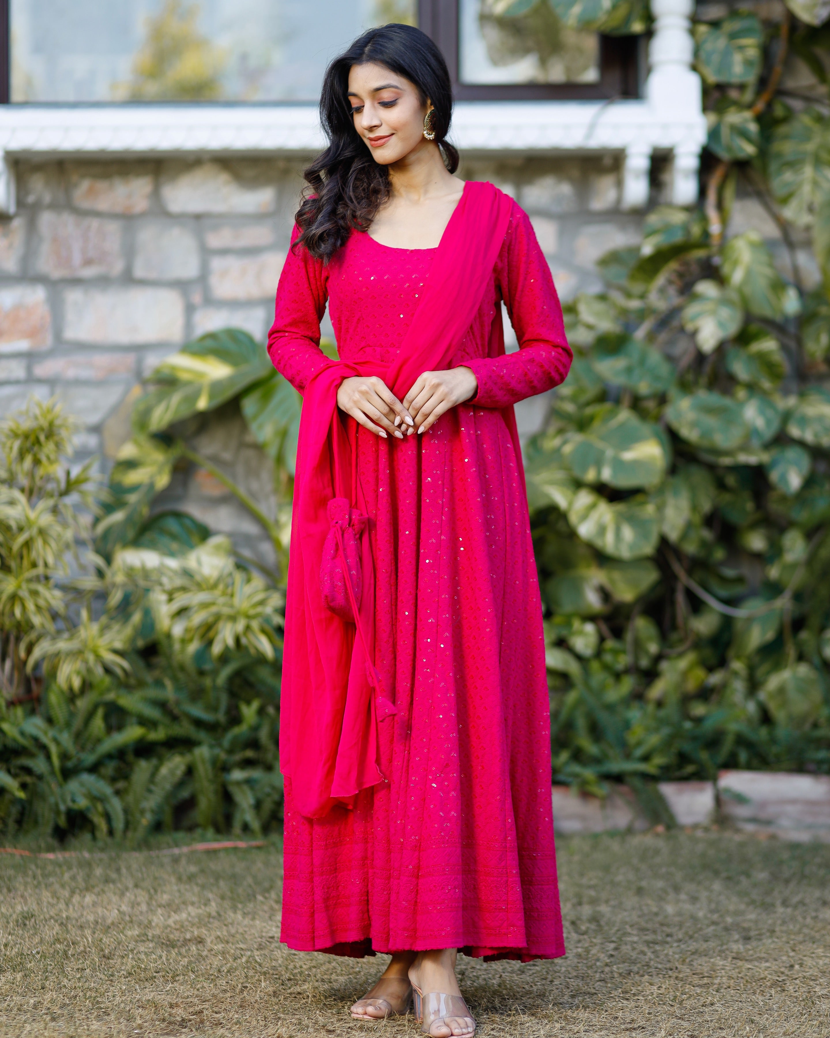 Embellished Pink Chikankari Suit Set With Potli