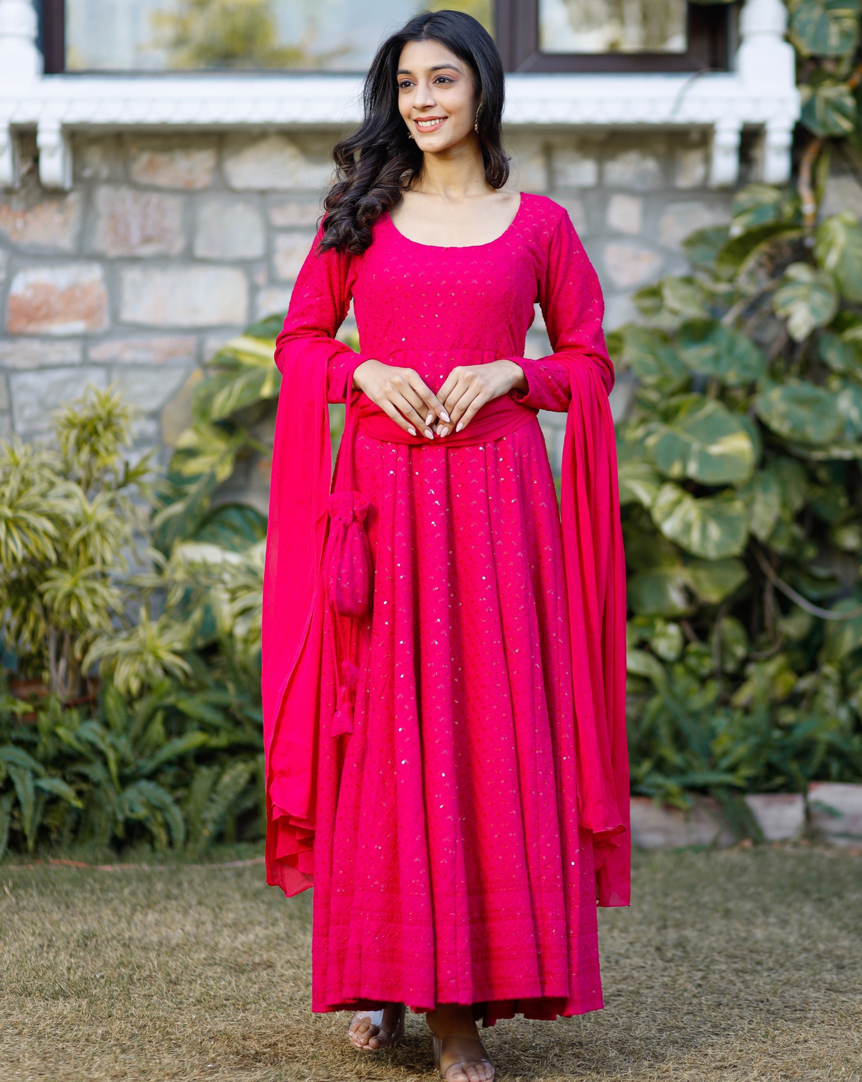 Embellished Pink Chikankari Suit Set With Potli
