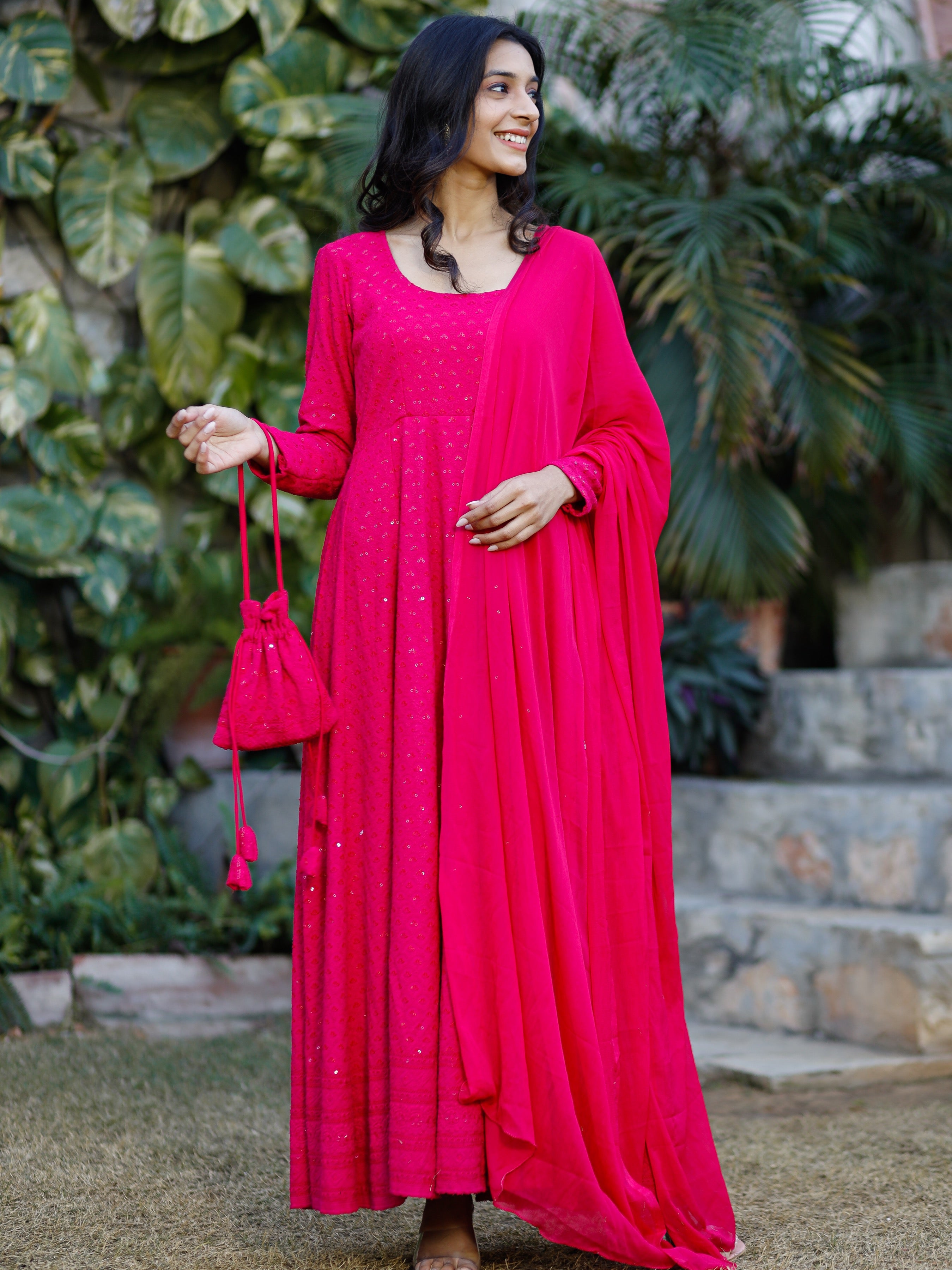 Embellished Pink Chikankari Suit Set With Potli
