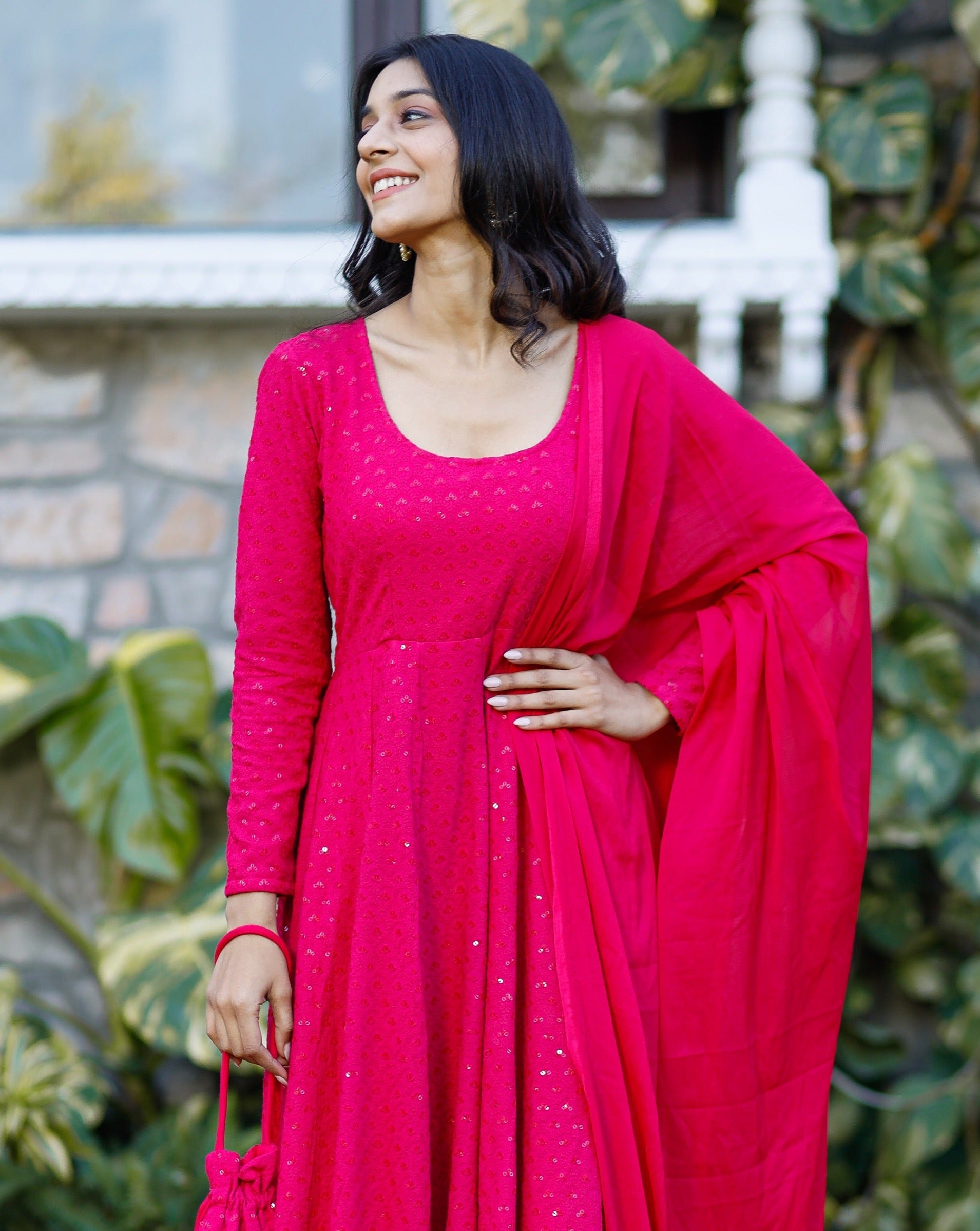 Embellished Pink Chikankari Suit Set With Potli