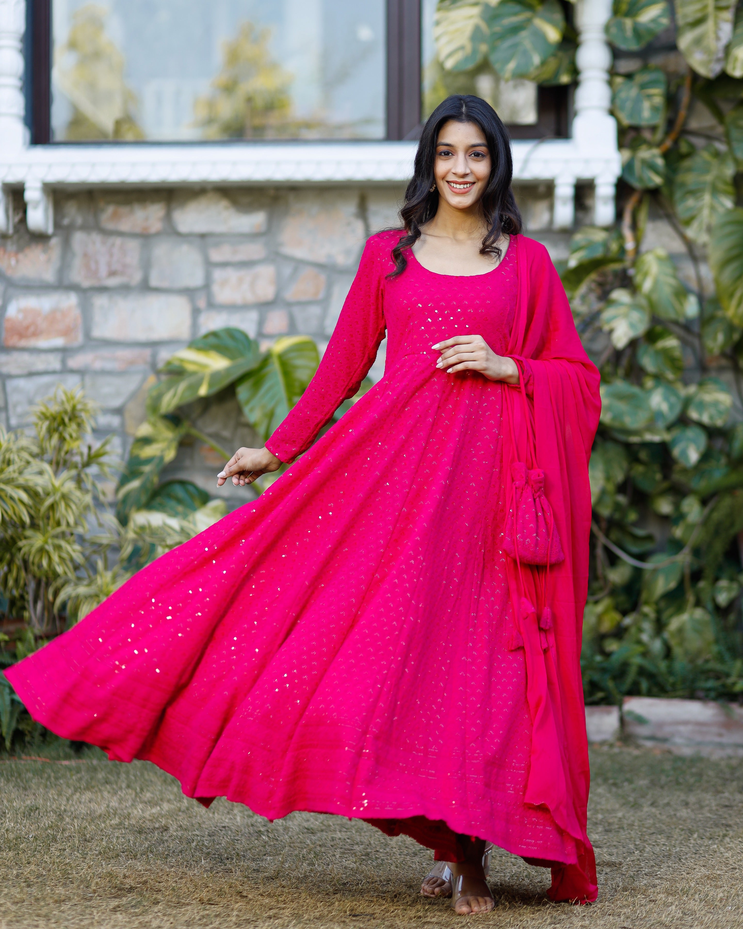 Embellished Pink Chikankari Suit Set With Potli