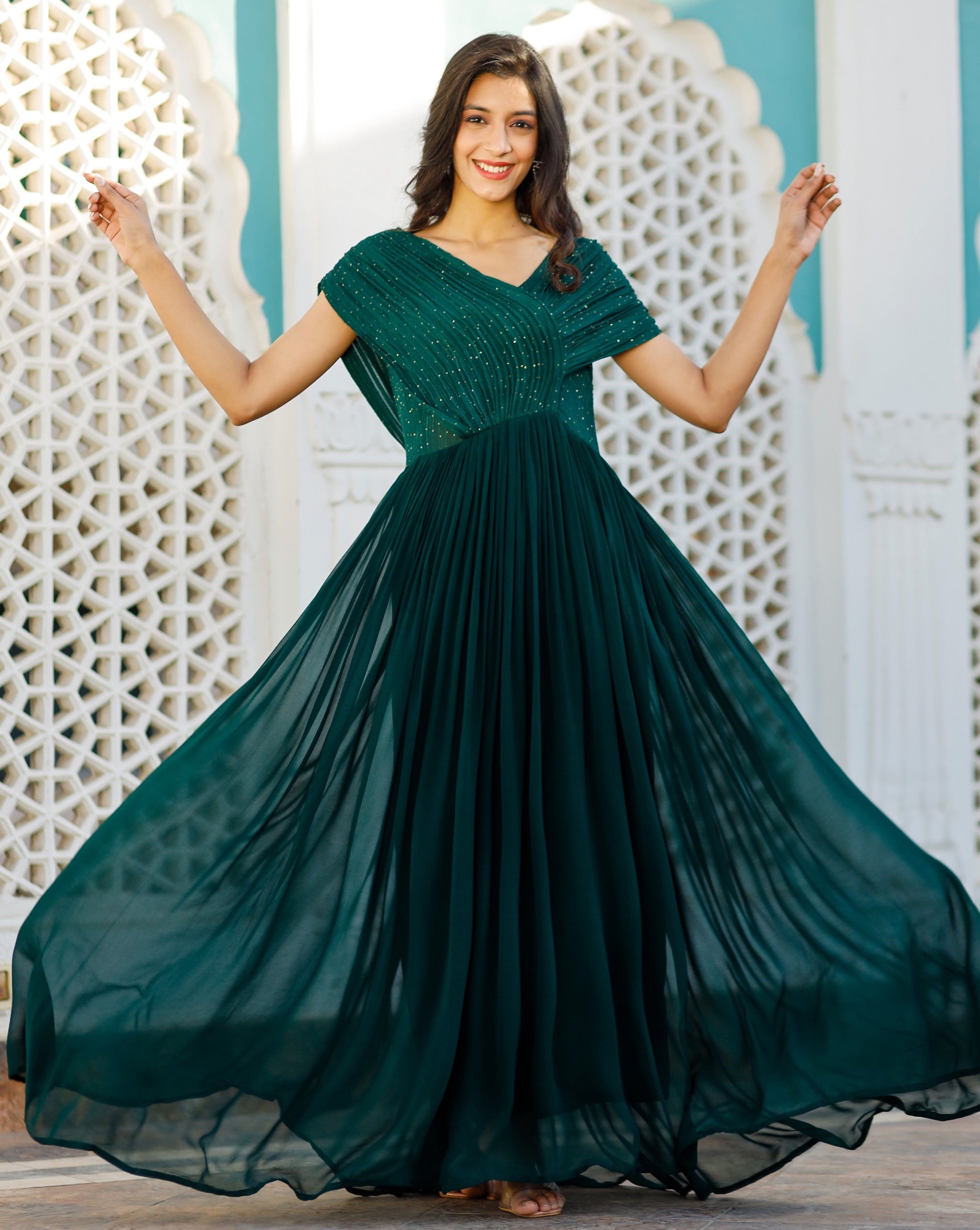 Forest Green Sequin 3D Floral Lace Plunge V Long Formal Dress main image 1