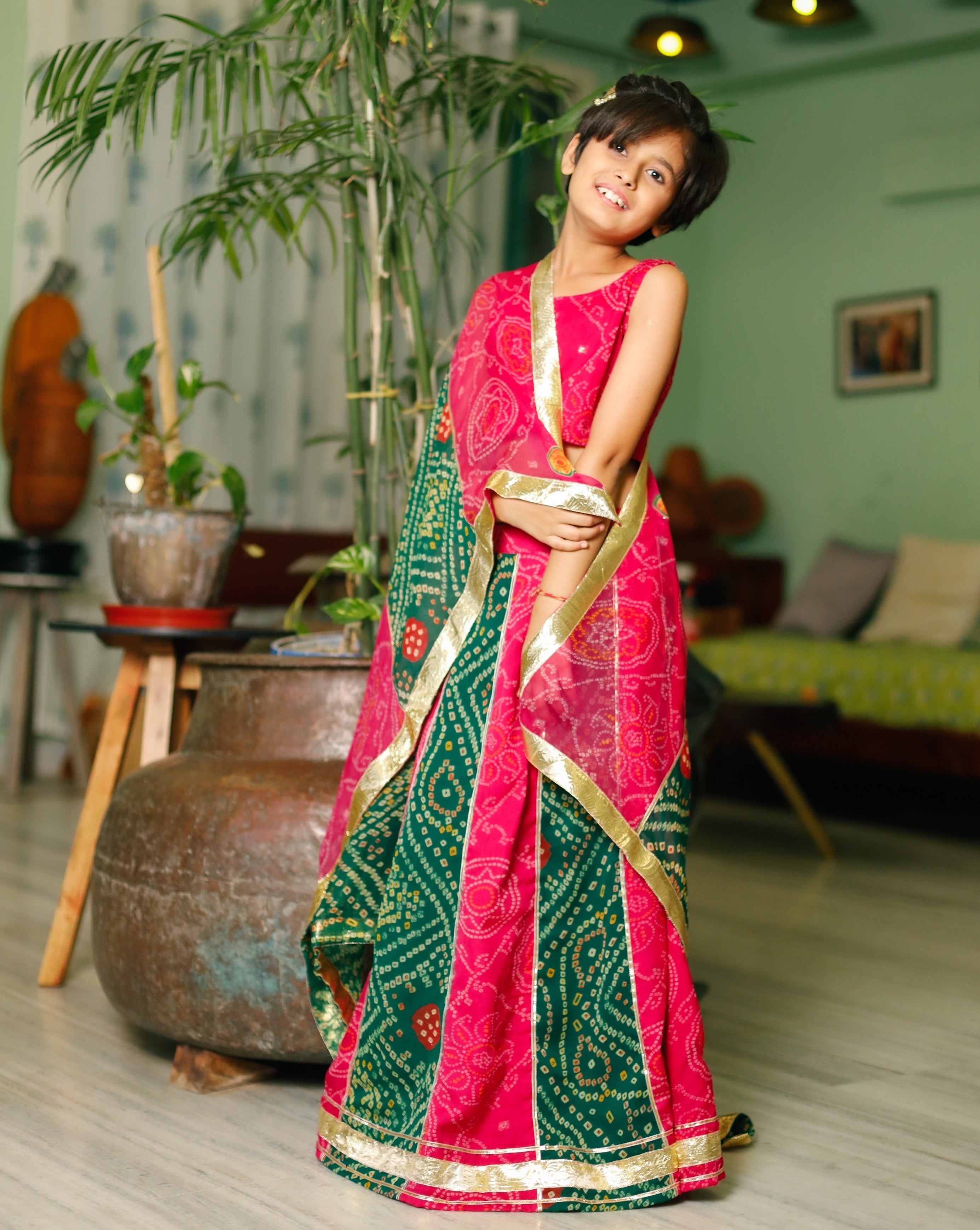 Multicolour Bandhej Kids Lehanga Set