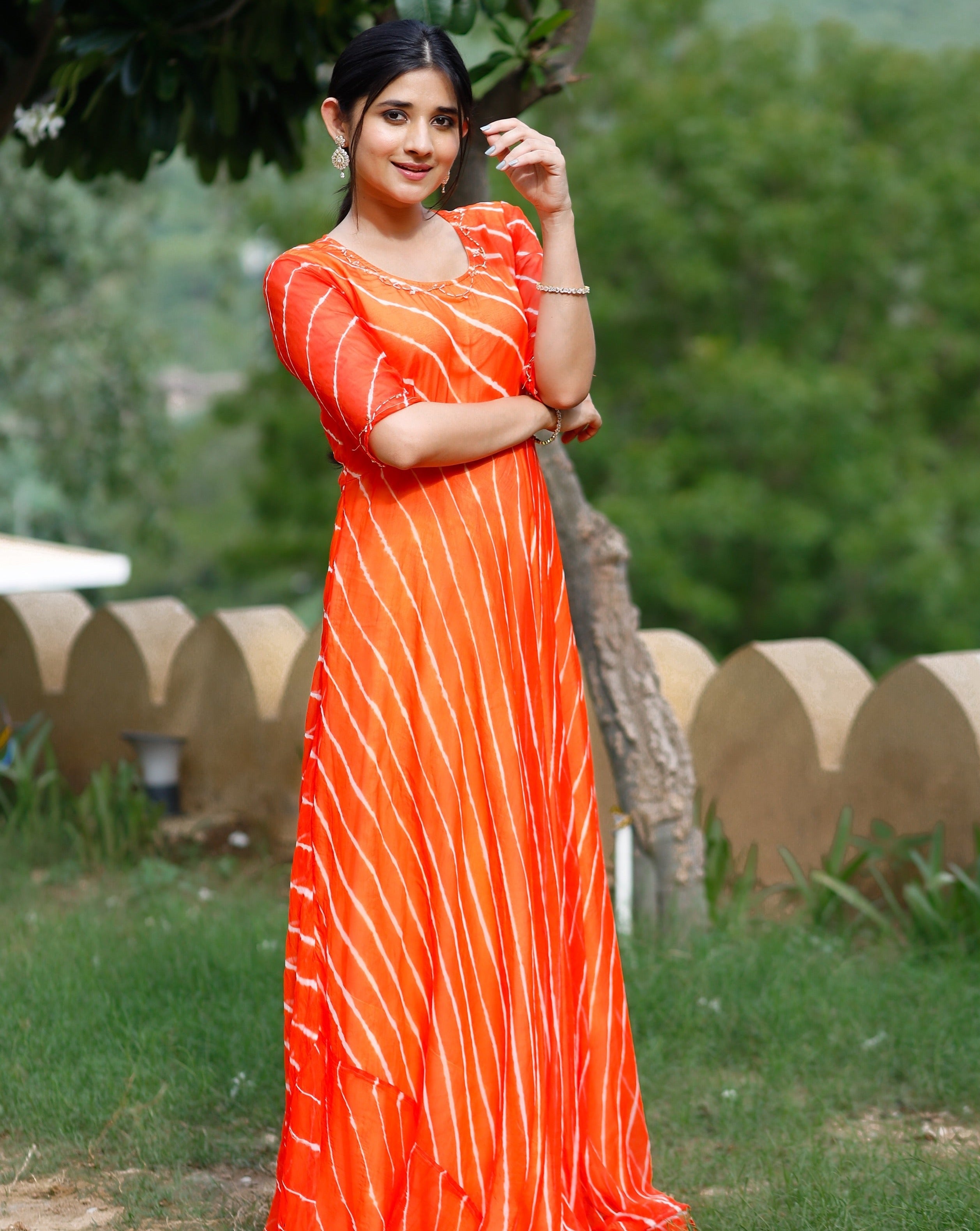 Pearl Orange Lehariya Dress