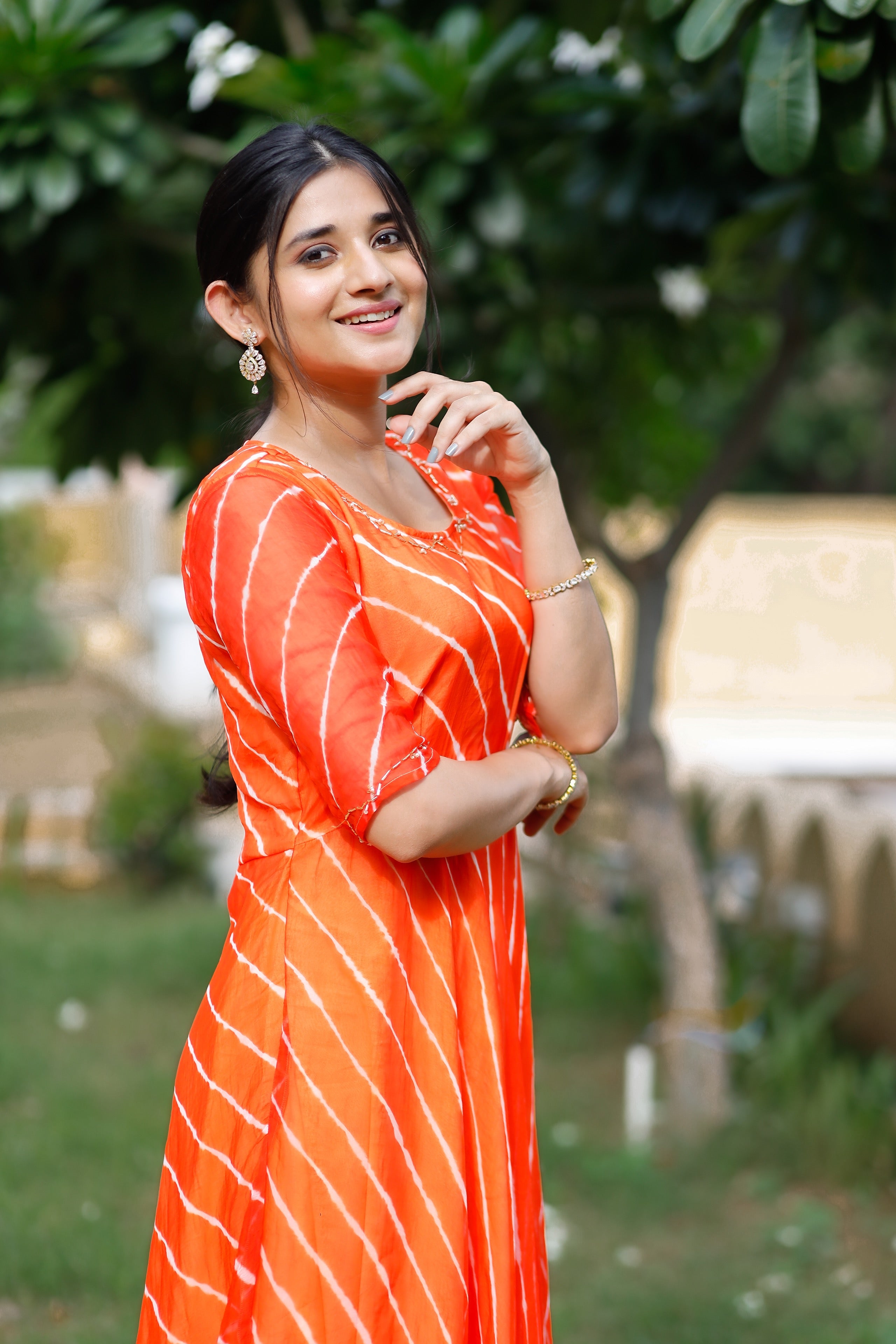 Pearl Orange Lehariya Dress