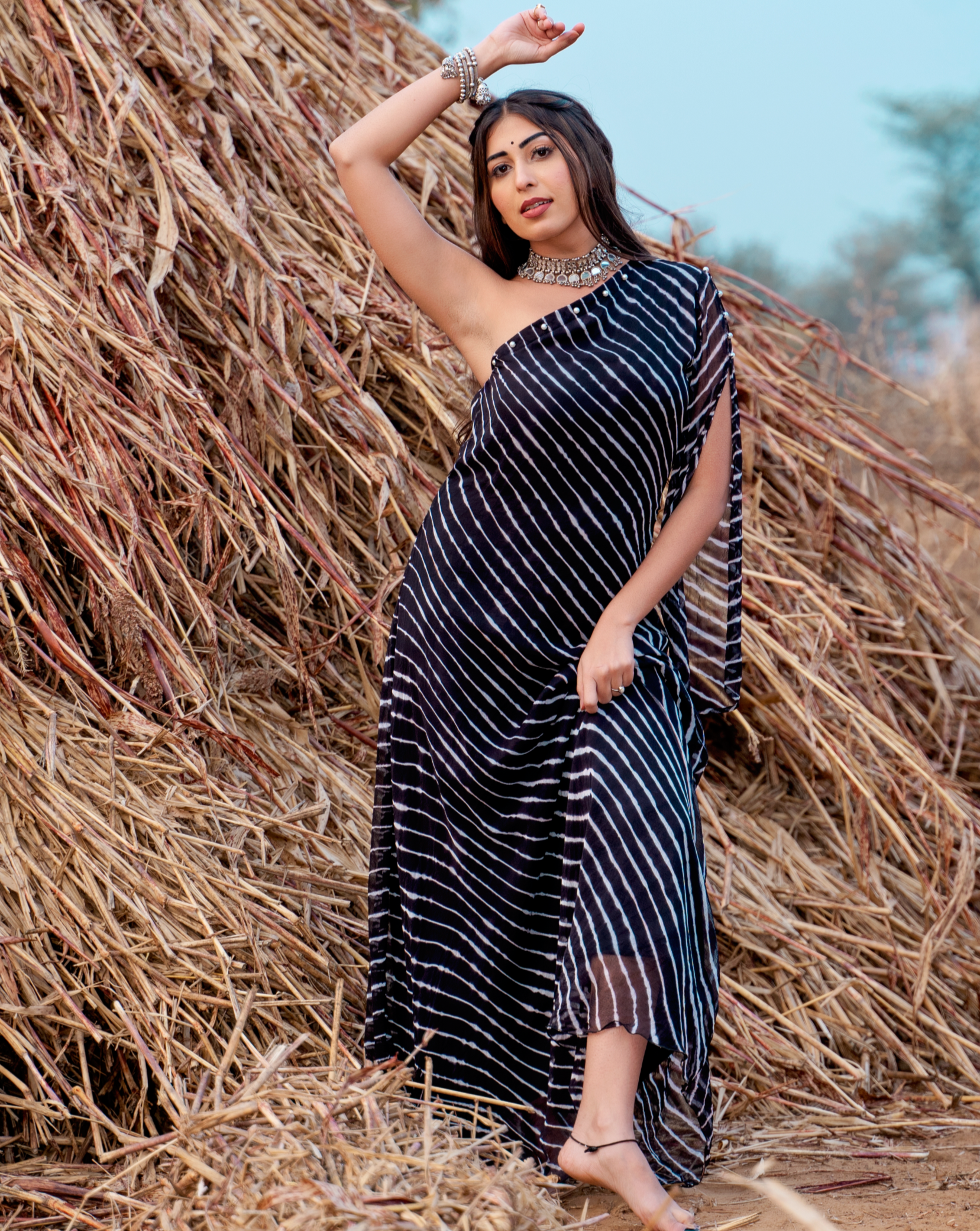 Embellished black one shoulder long dress