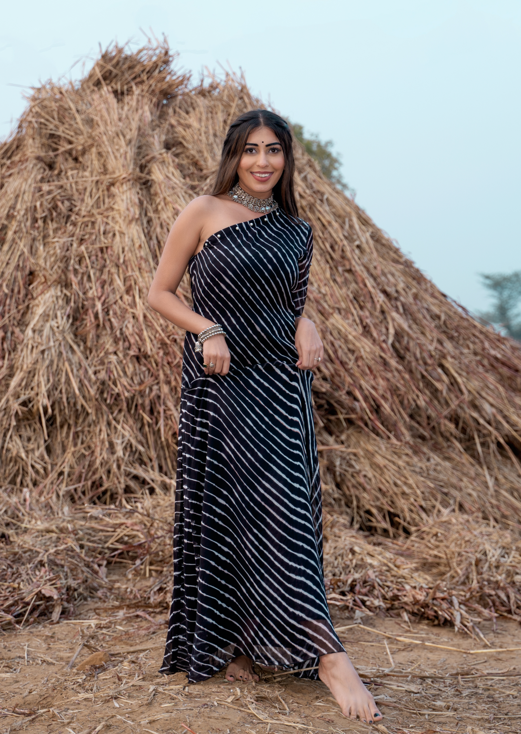 Embellished black one shoulder long dress