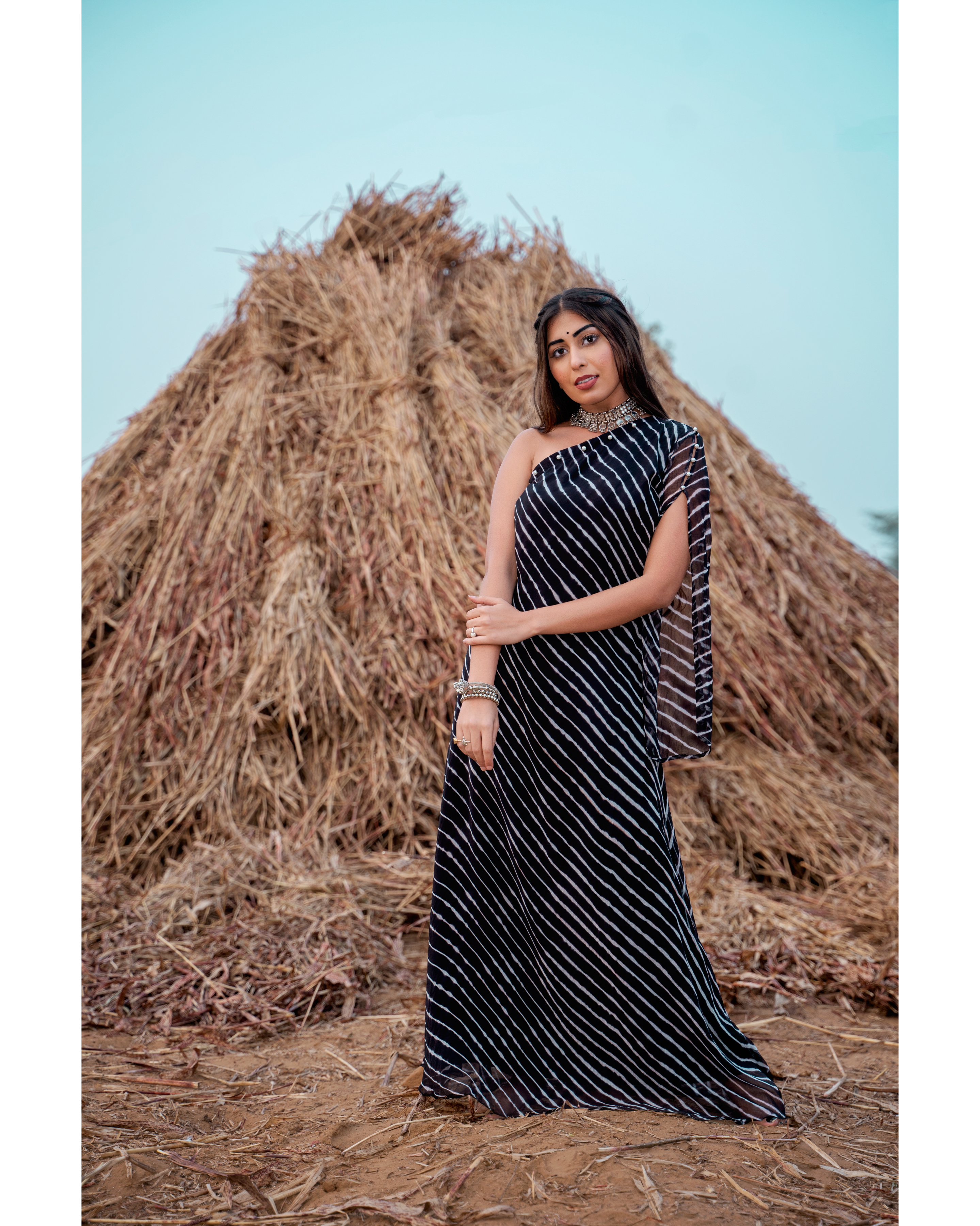 Embellished black one shoulder long dress