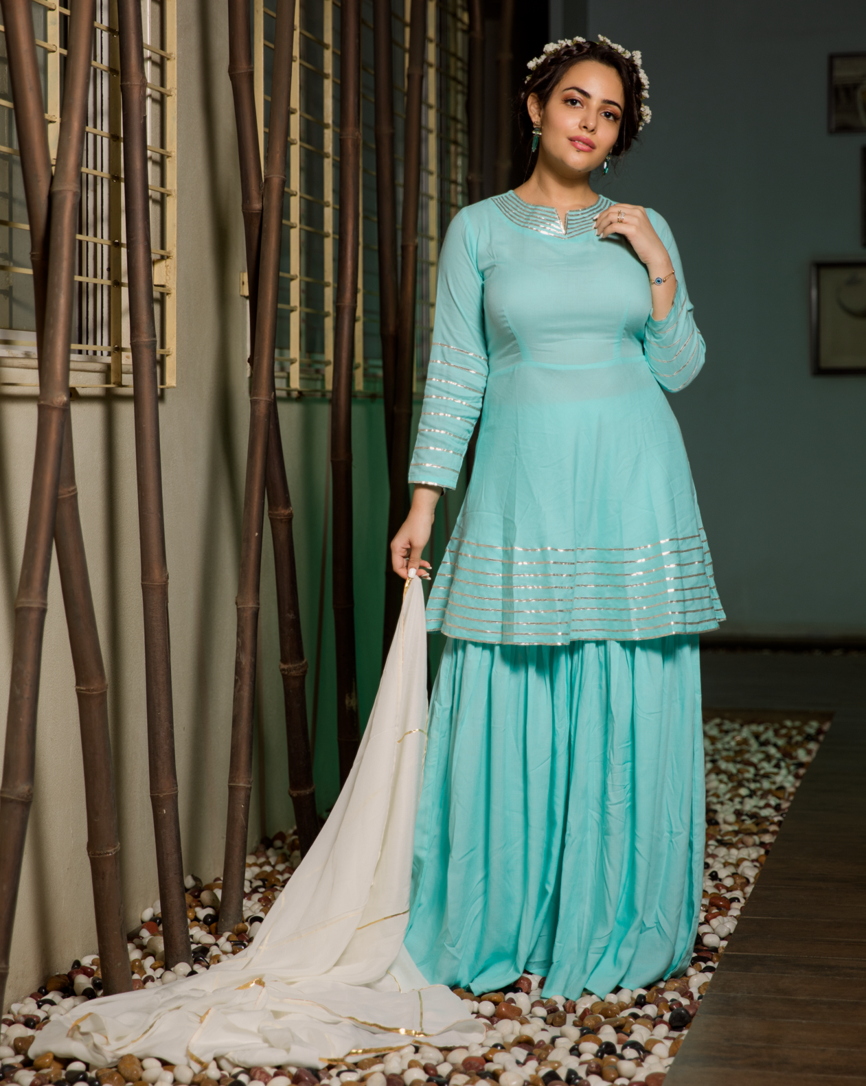 Turquoise Neckline Gotta Suit Set
