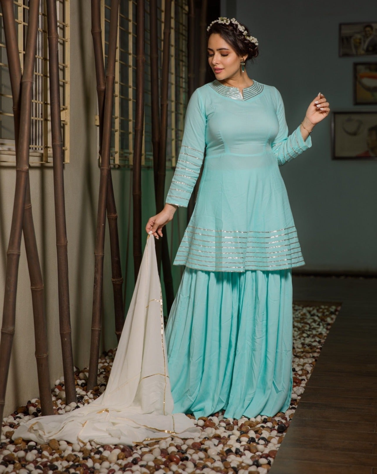 Turquoise Neckline Gotta Suit Set