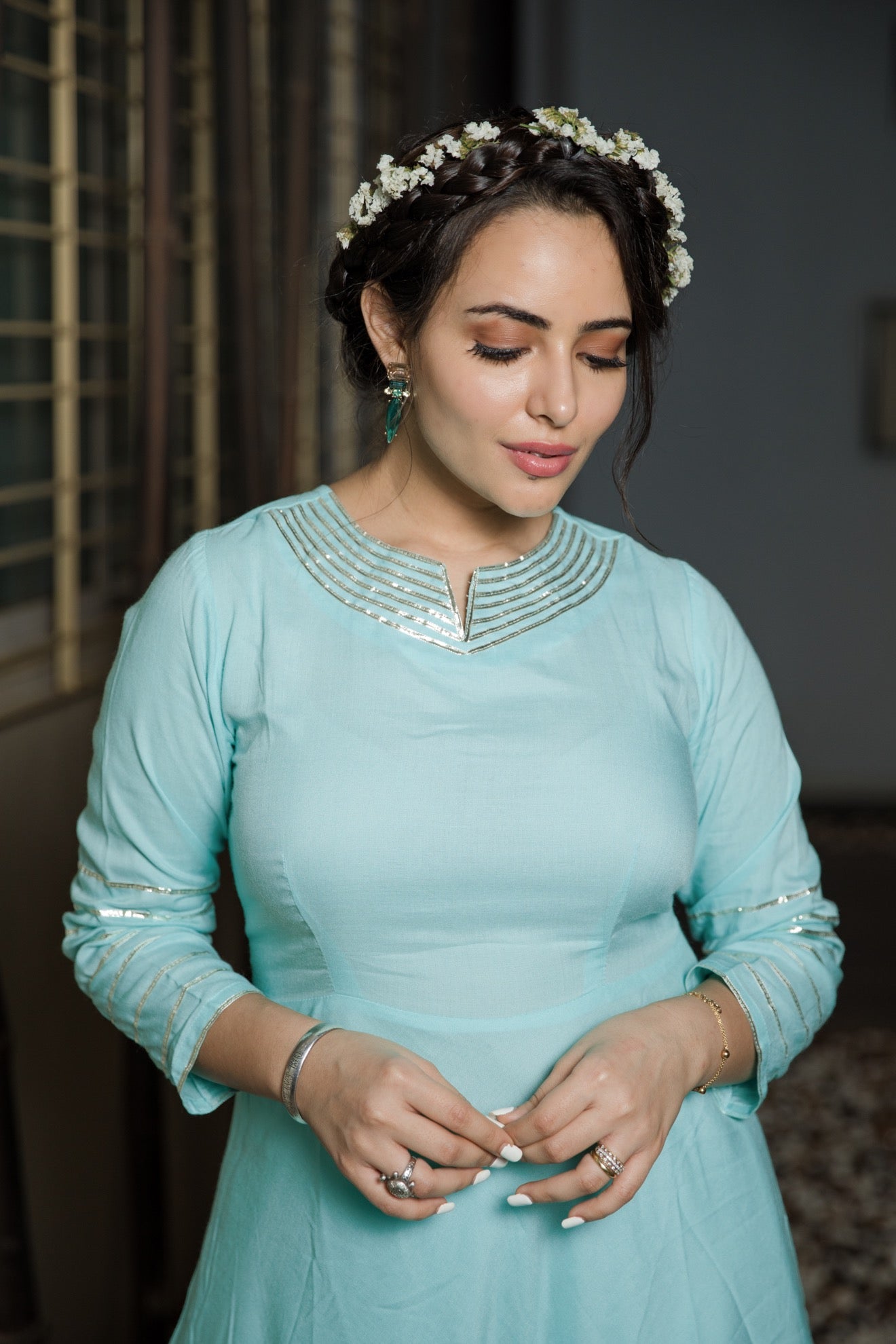 Turquoise Neckline Gotta Suit Set