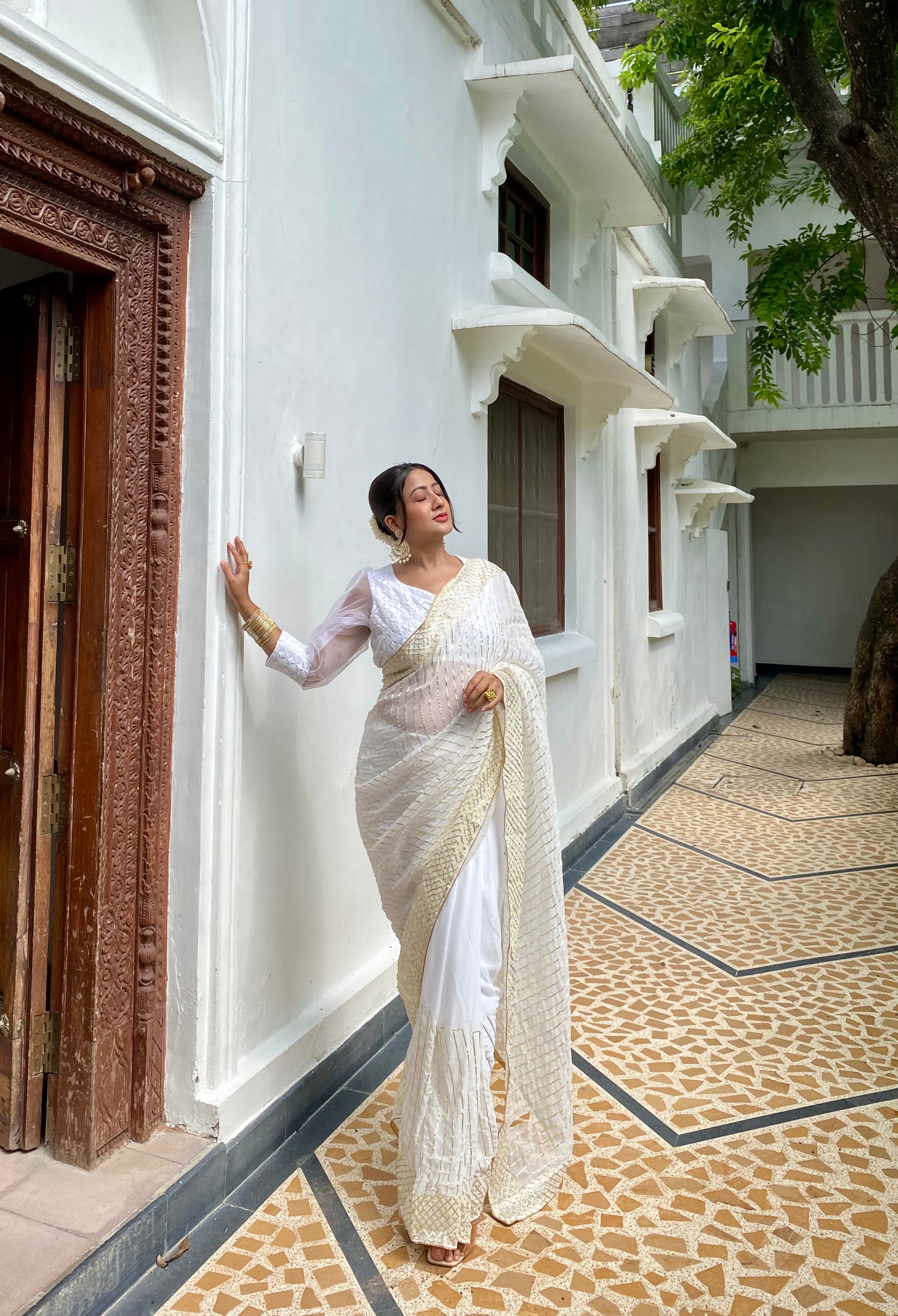 Sand White Golden Saree