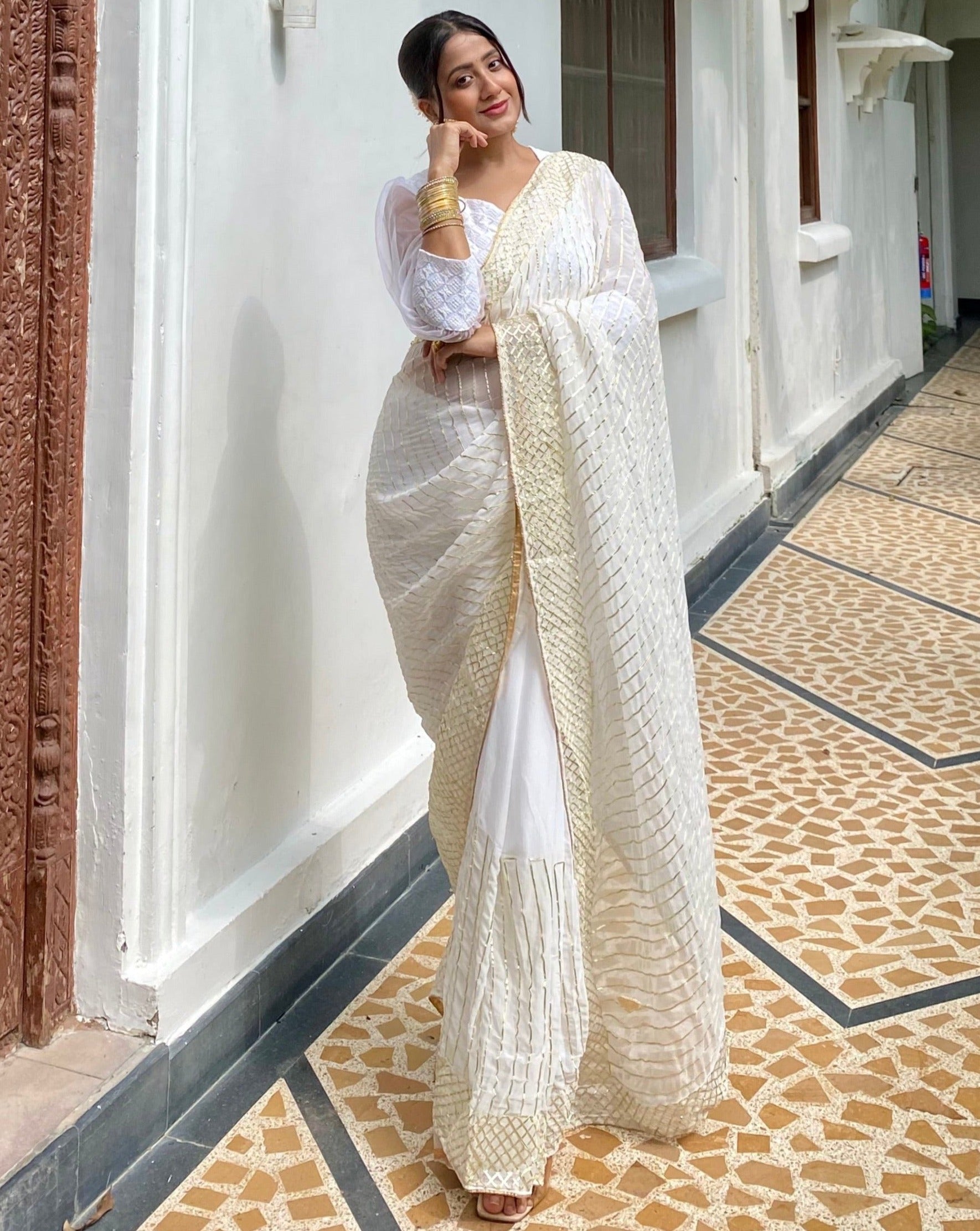 Sand White Golden Saree