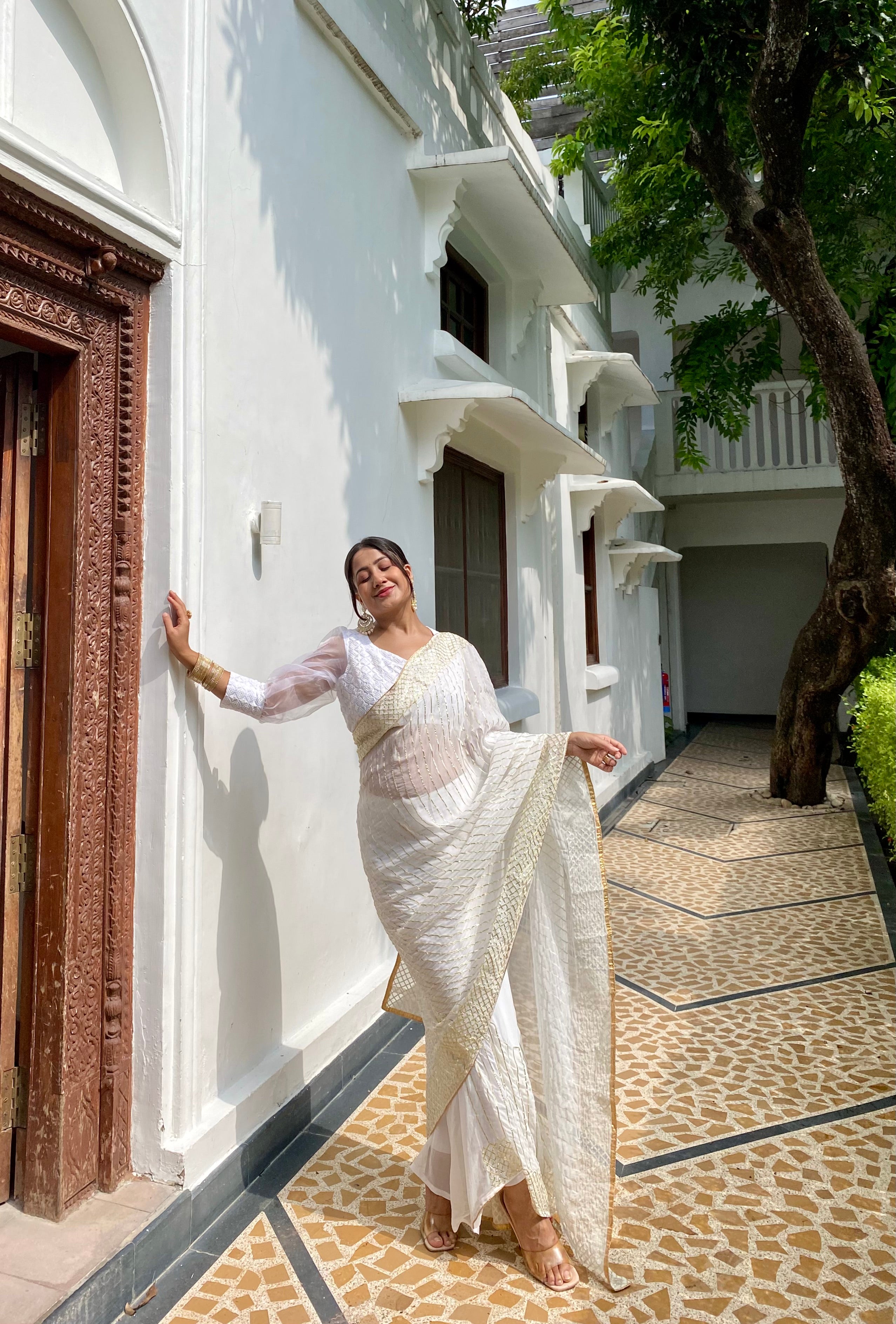 Sand White Golden Saree