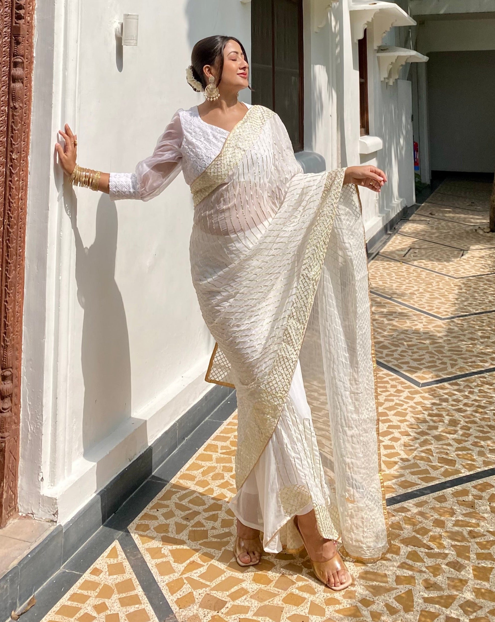 Sand White Golden Saree