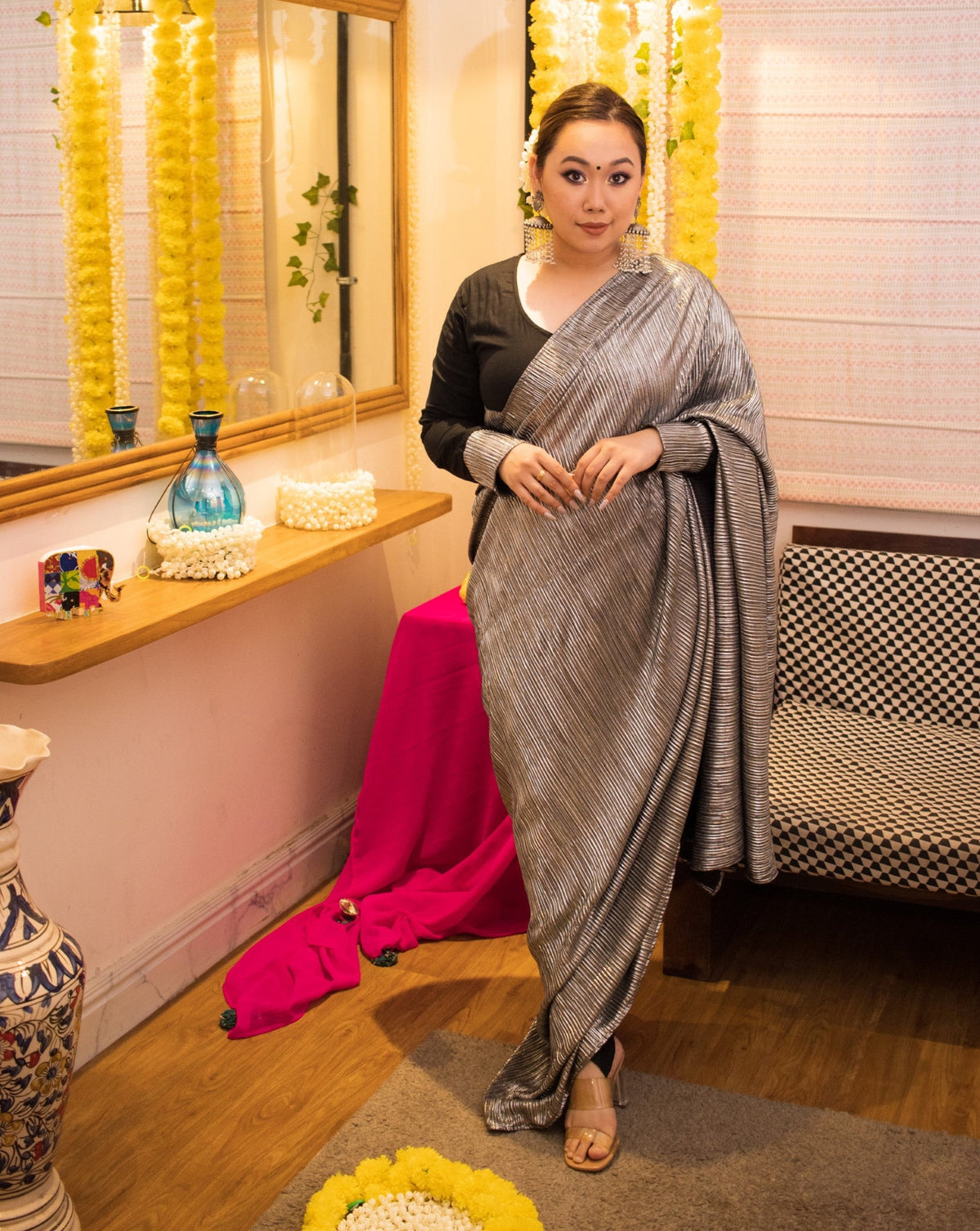 Metallic black tulip pant saree