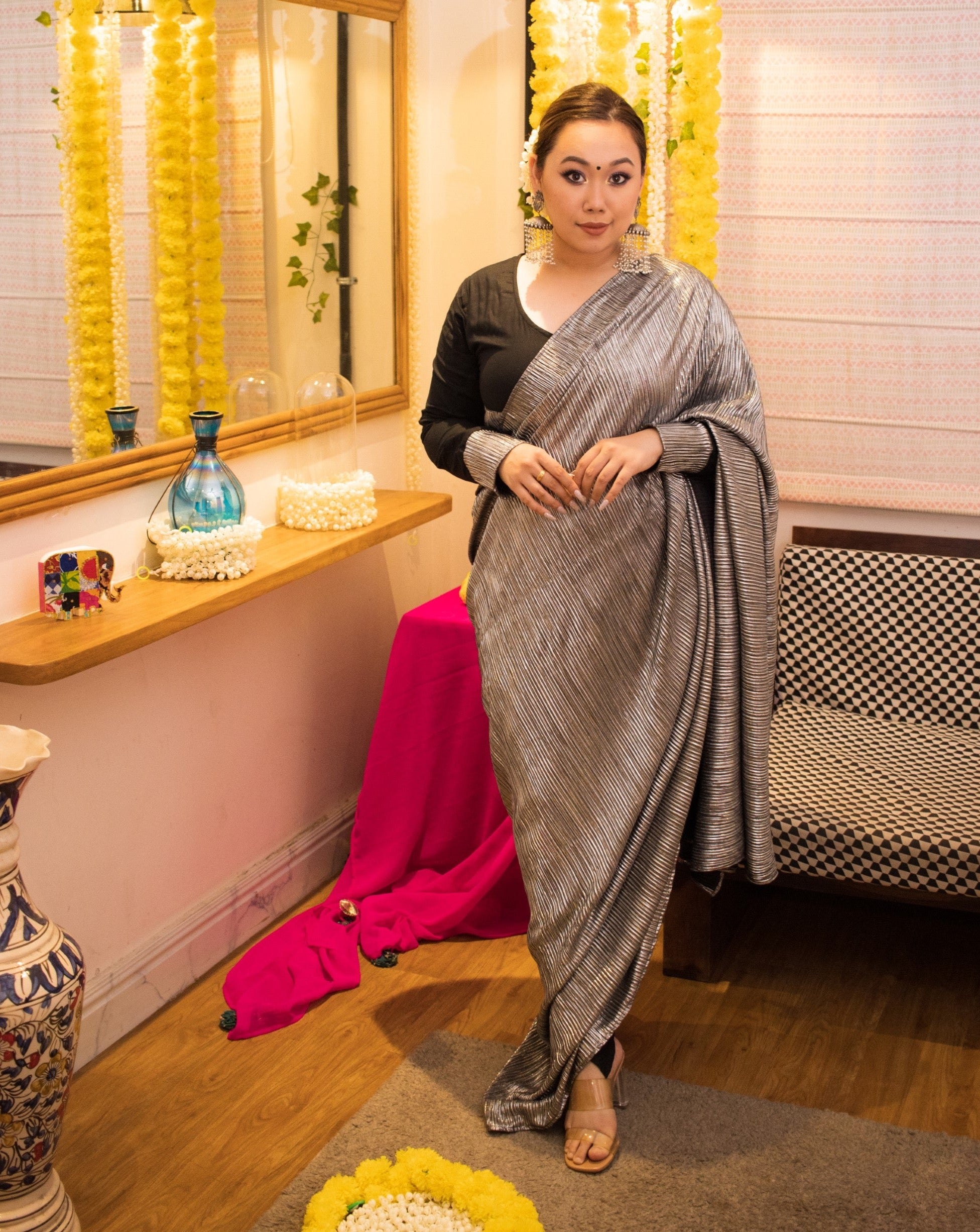 Metallic black tulip pant saree