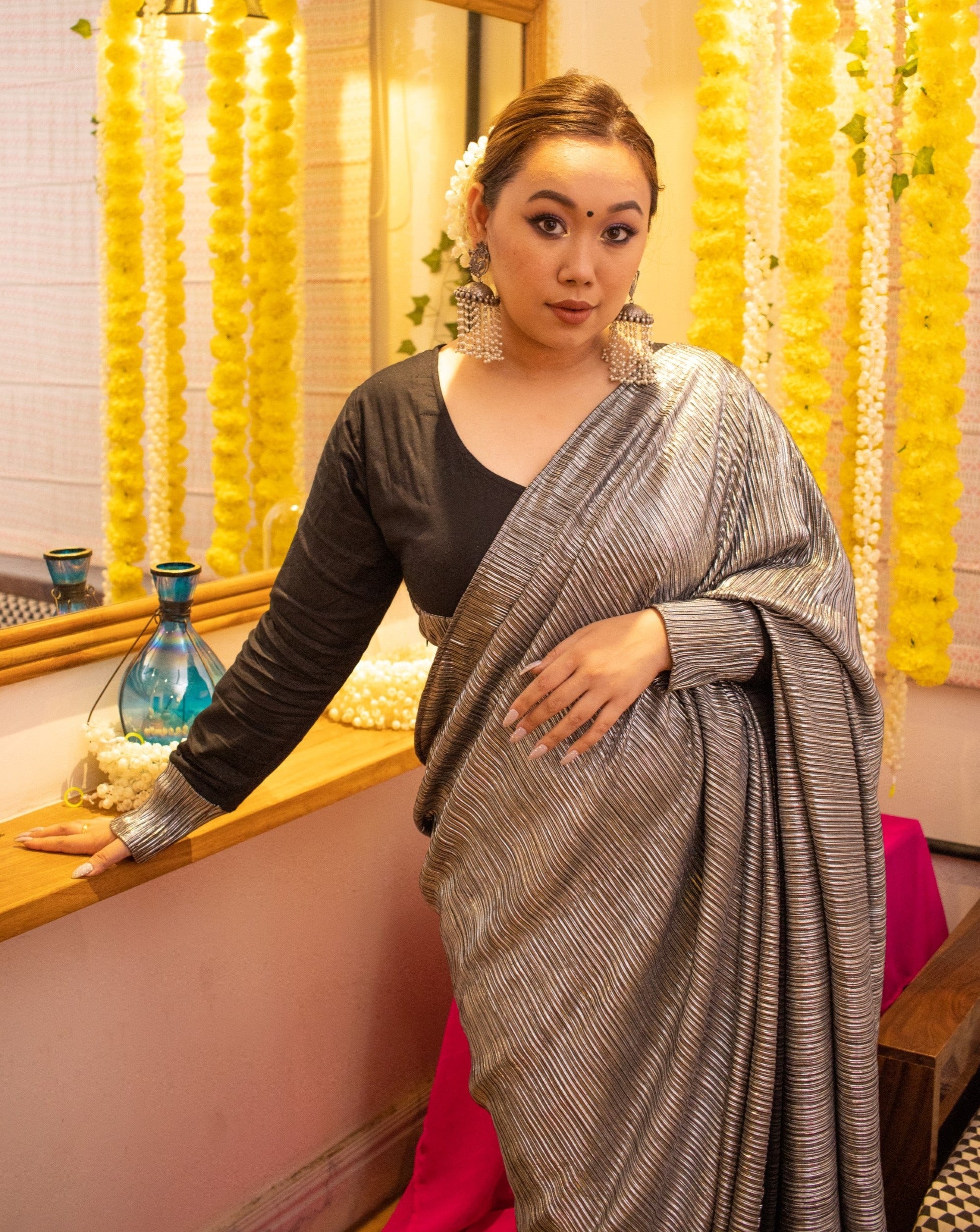 Metallic black tulip pant saree