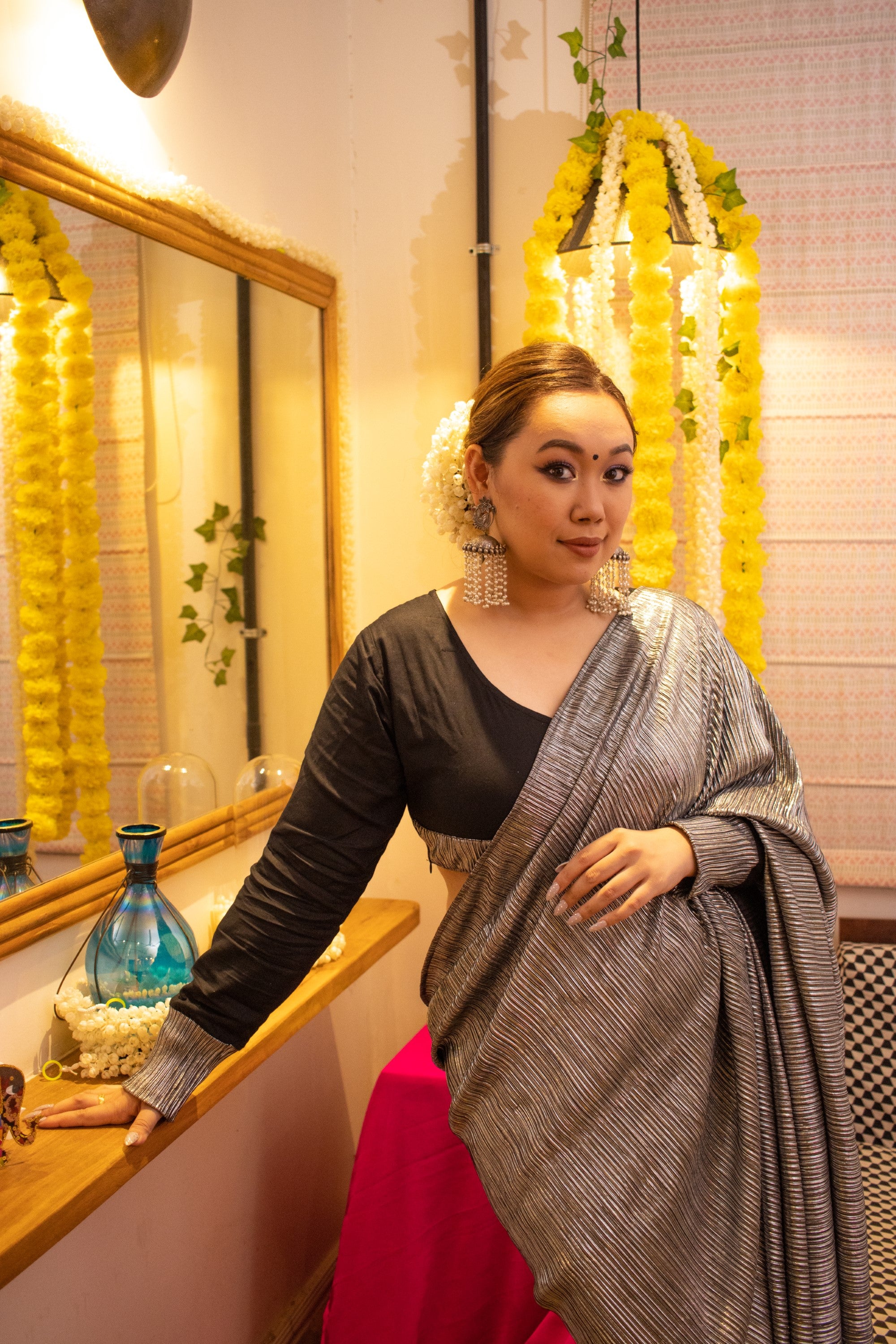 Metallic black tulip pant saree