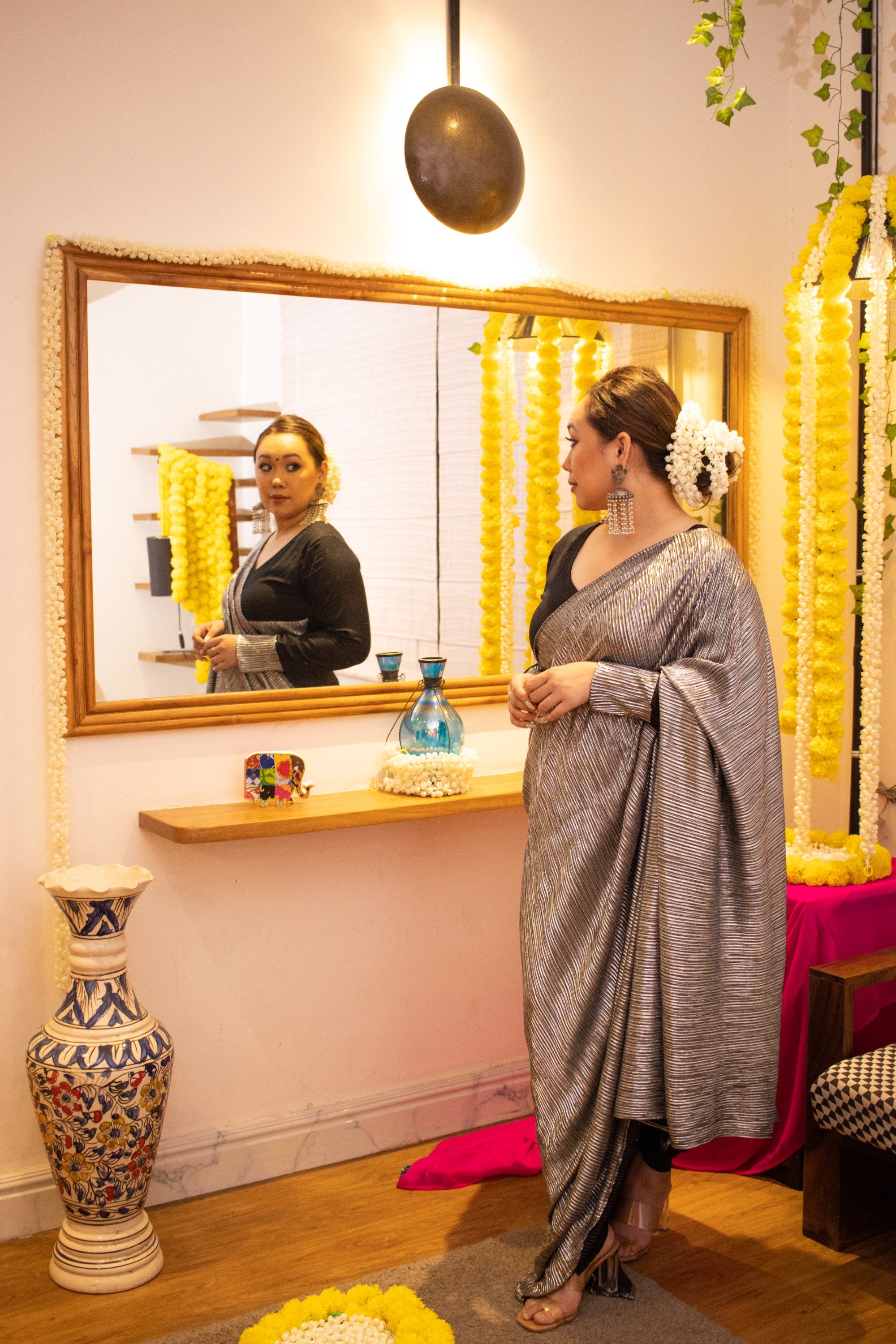 Metallic black tulip pant saree