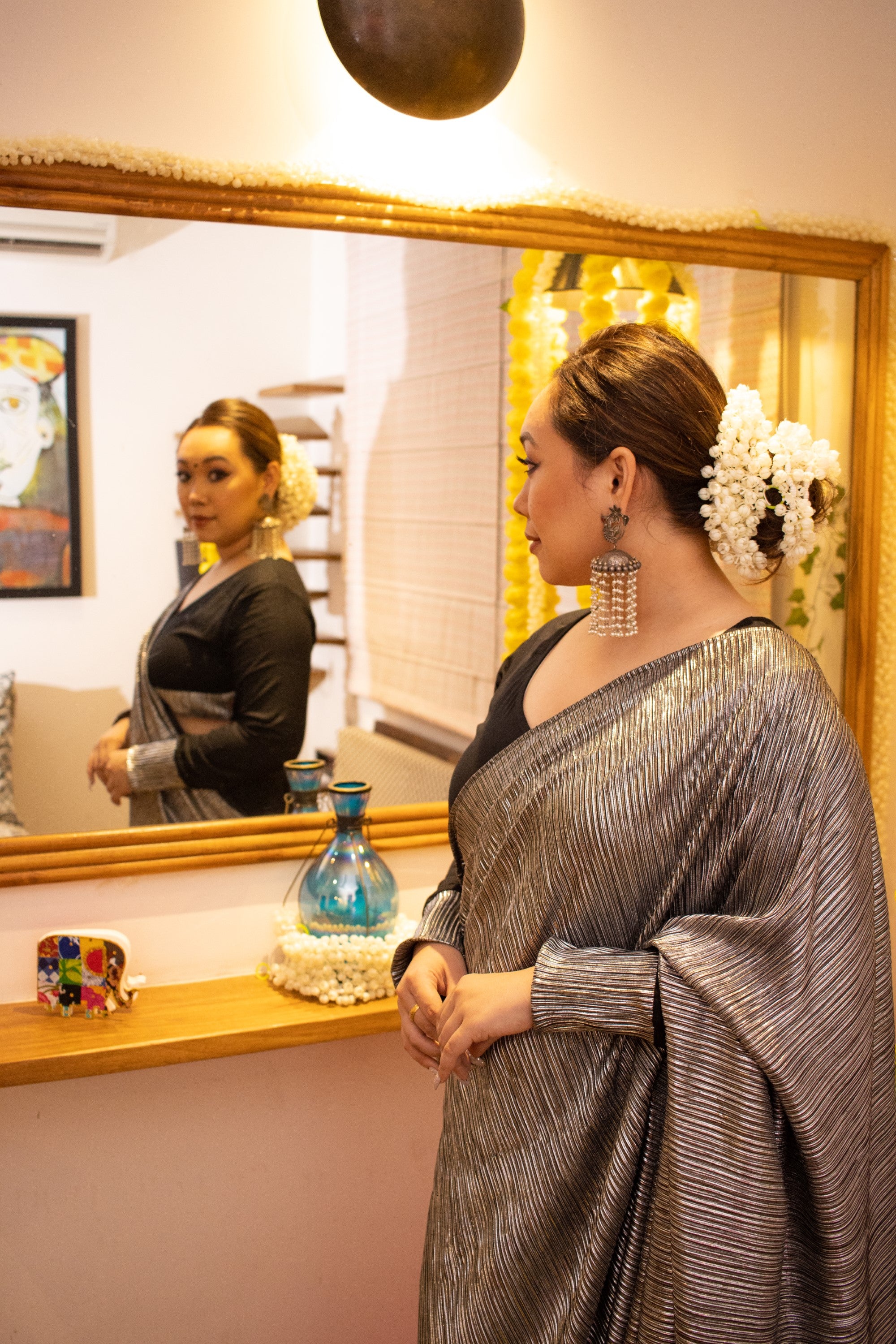 Metallic black tulip pant saree