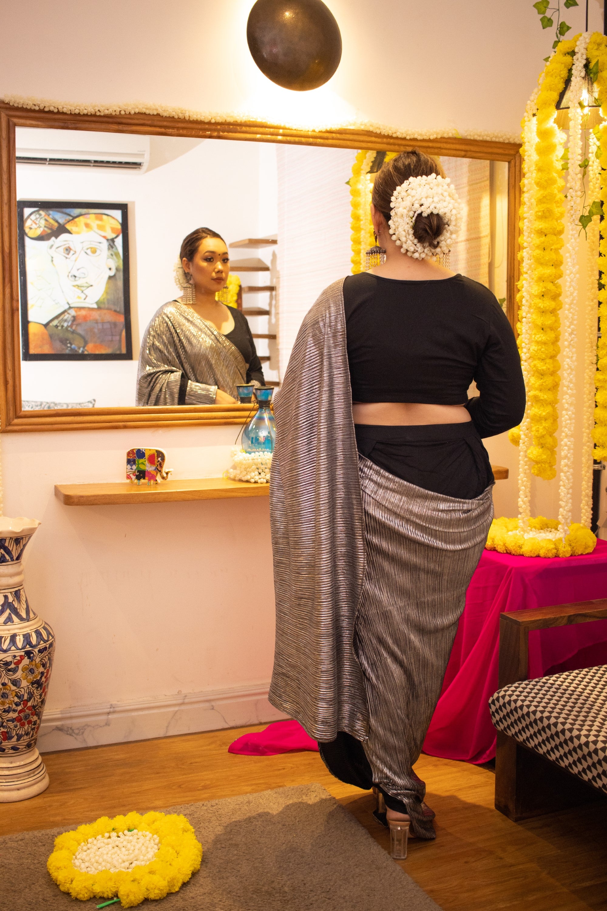 Metallic black tulip pant saree