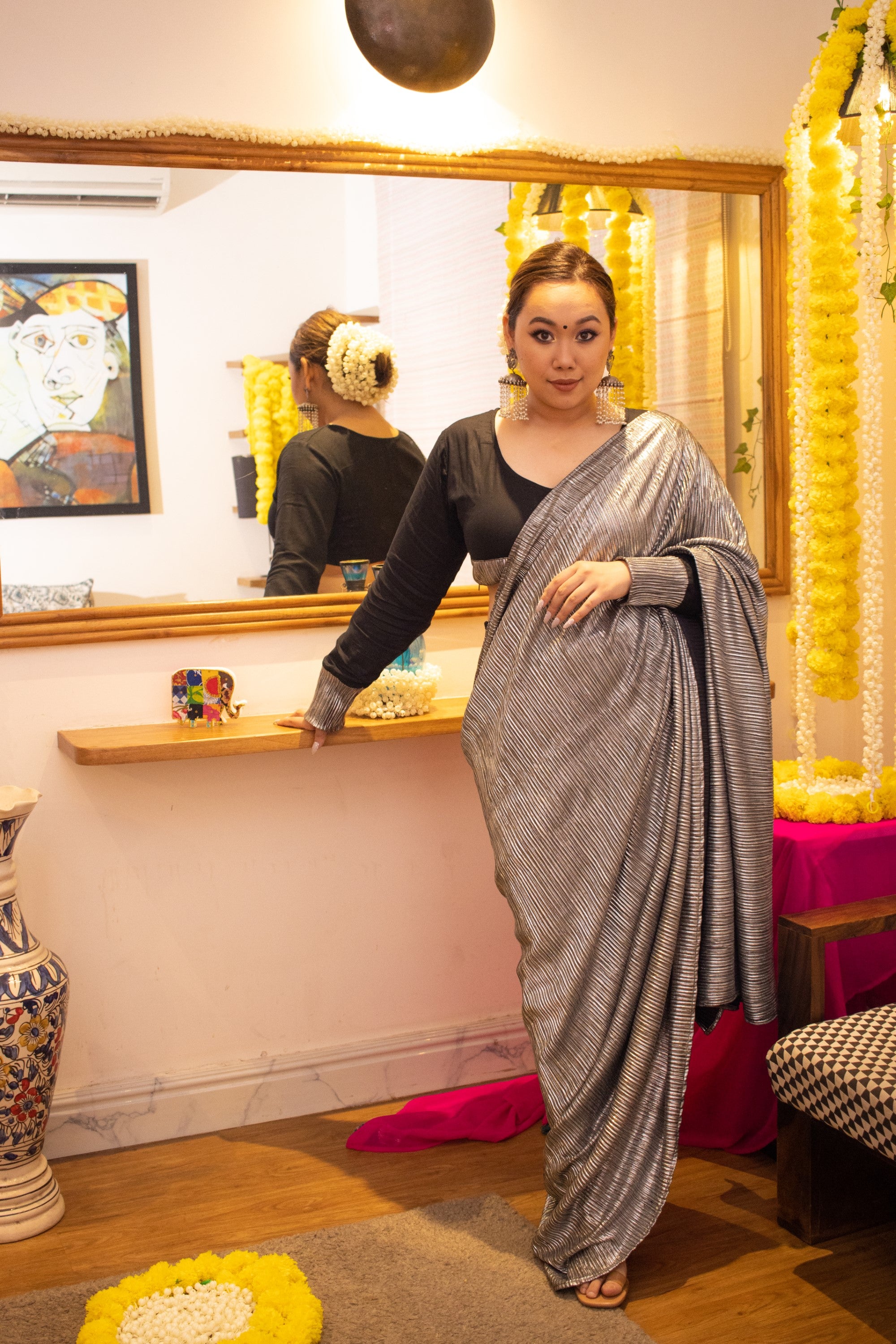 Metallic black tulip pant saree