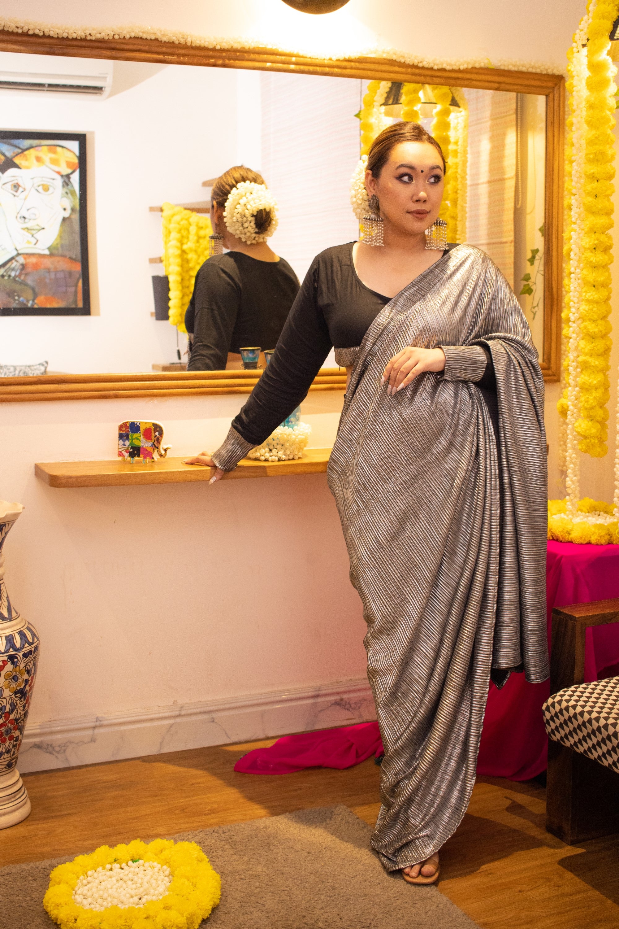 Metallic black tulip pant saree