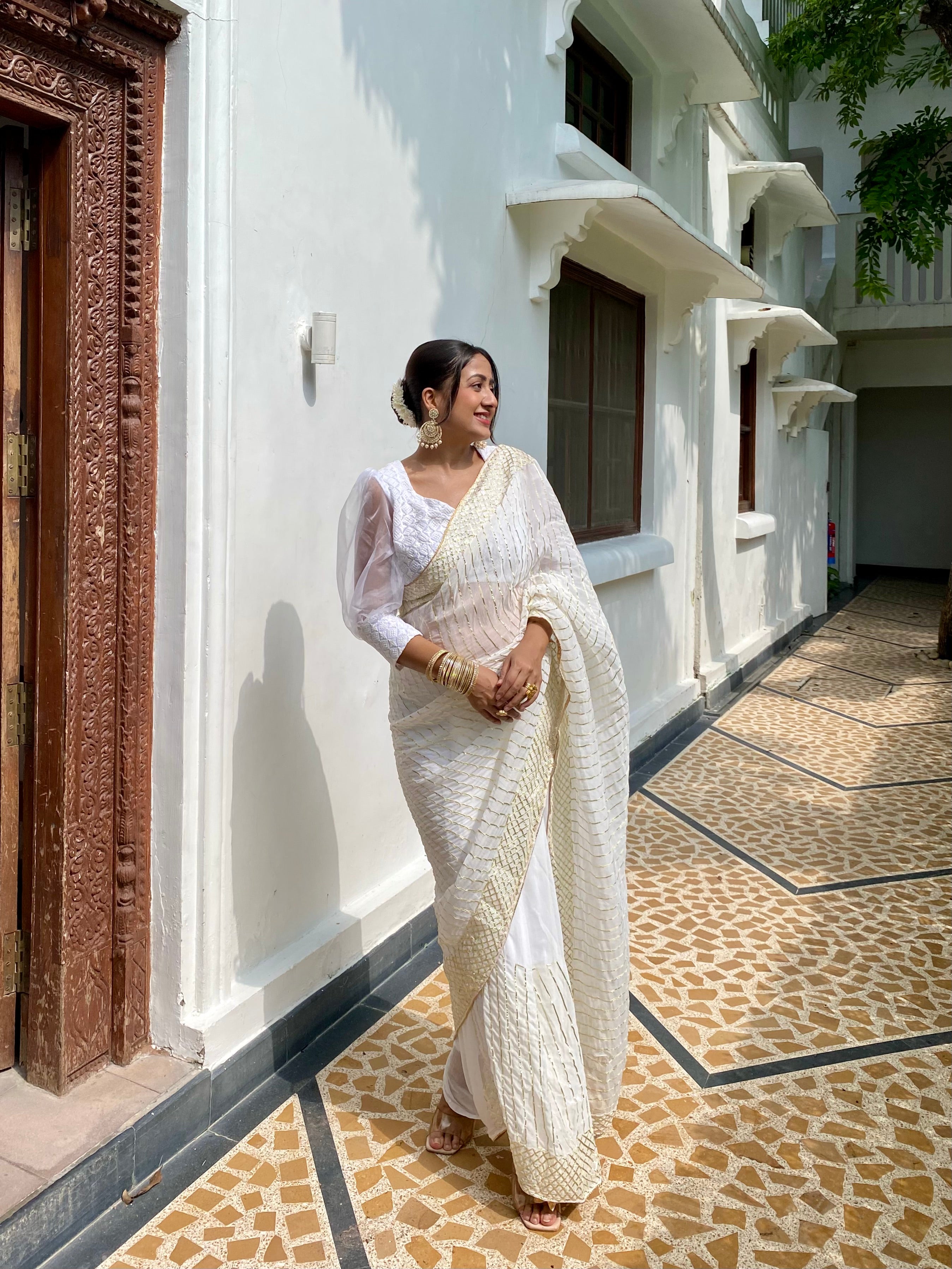 Sand White Golden Saree