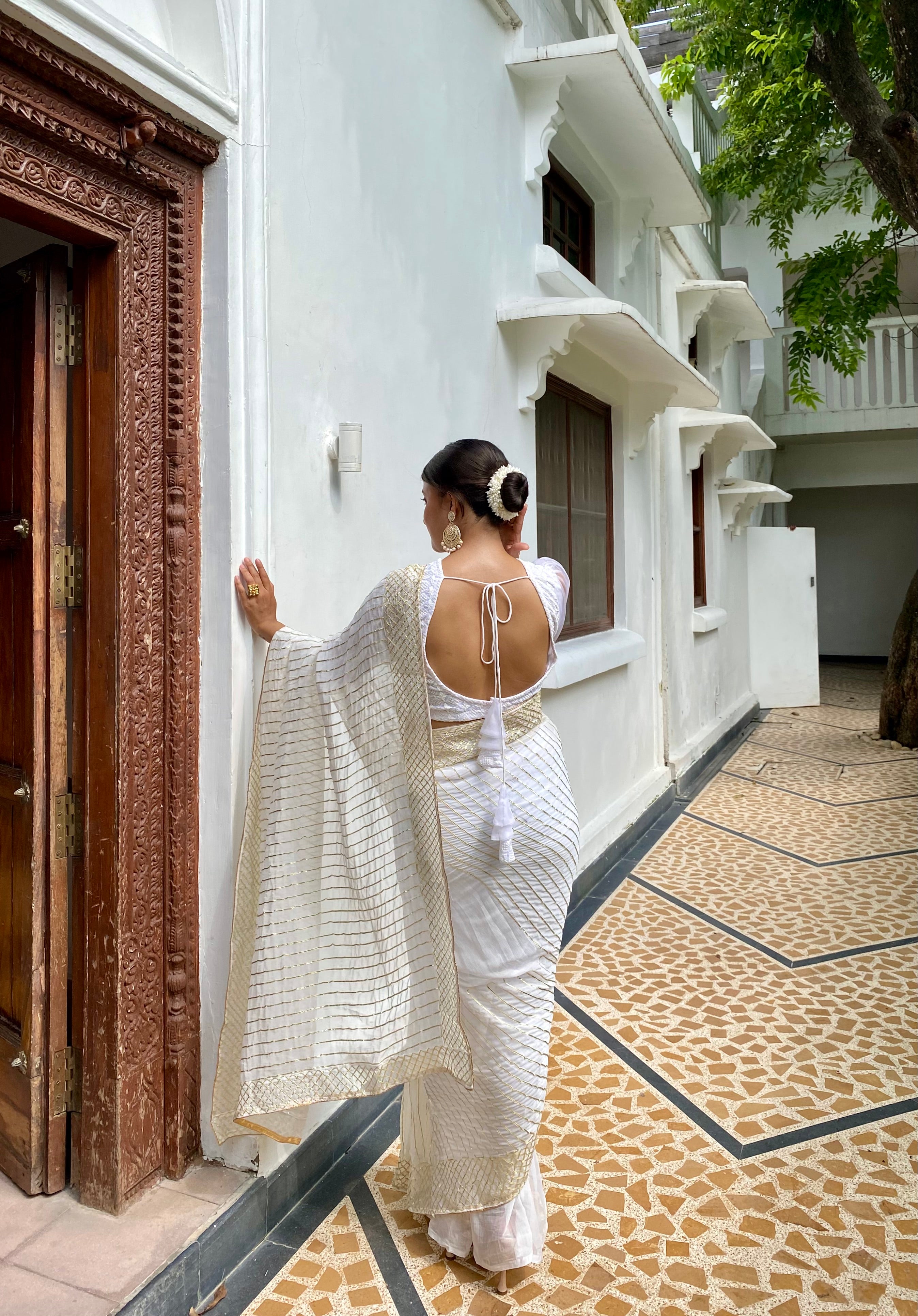 Sand White Golden Saree