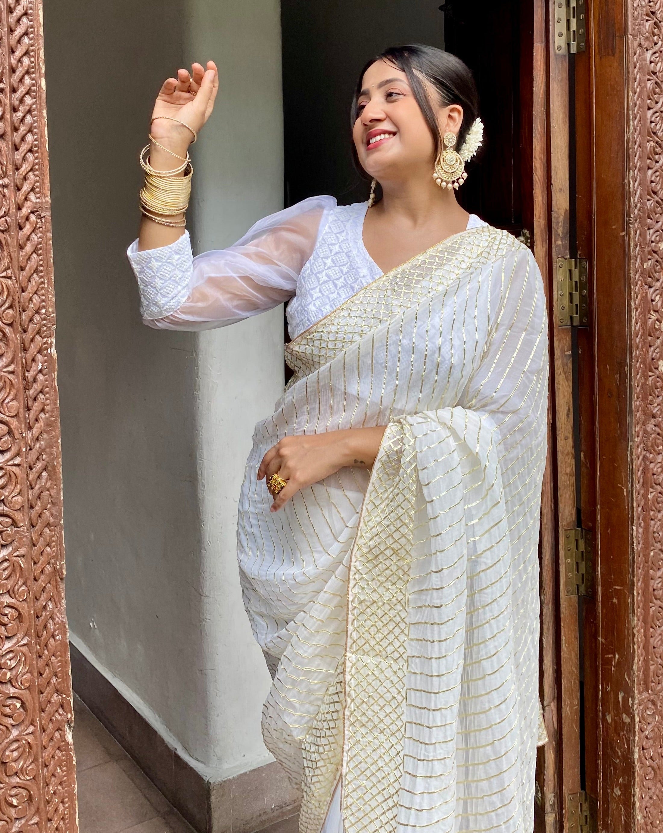 Sand White Golden Saree