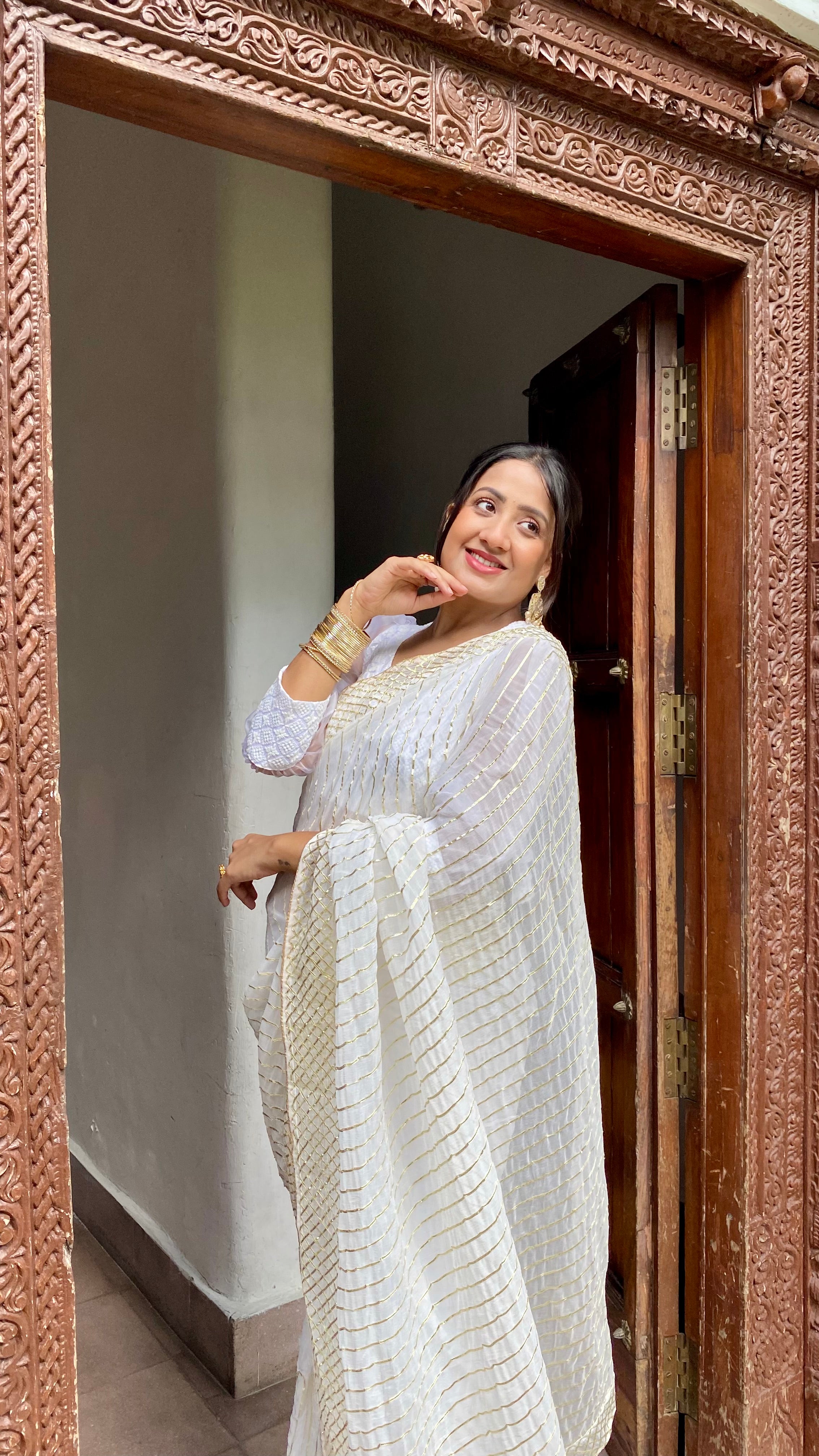 Sand White Golden Saree