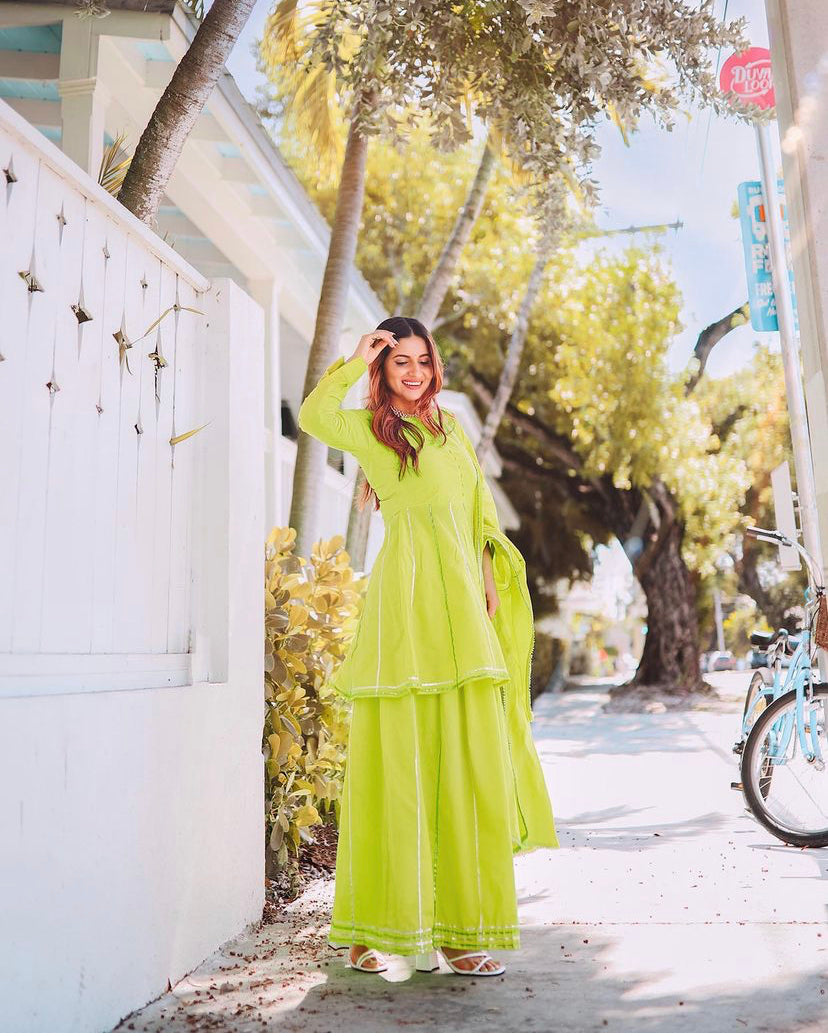 Greenish Gotta work Suit Set With Heavy Gotta Dupatta