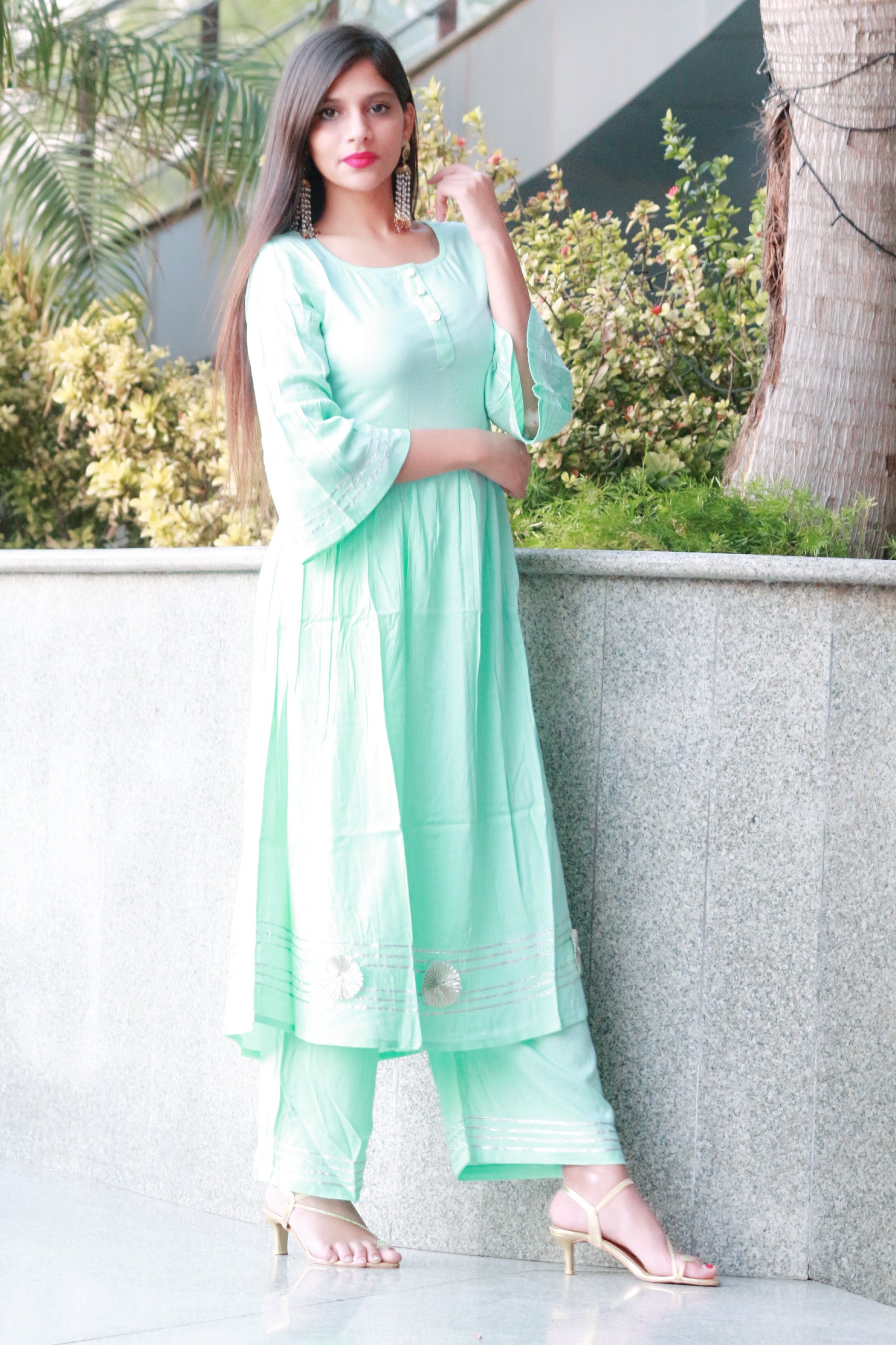 Beautiful sea green suit set with bell sleeves