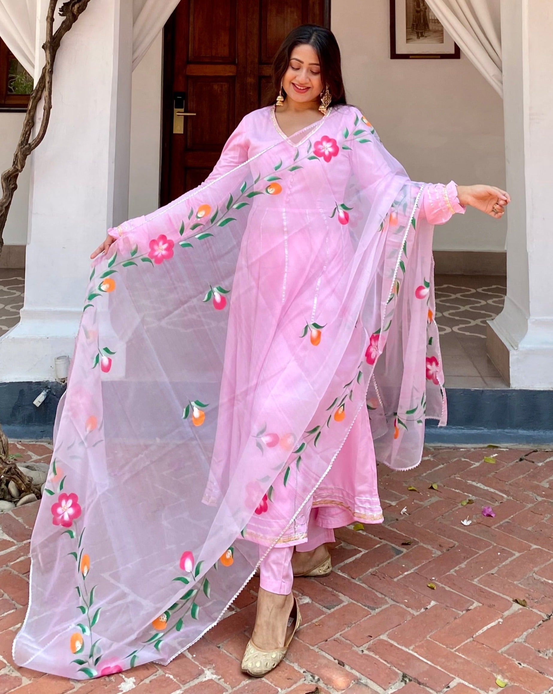 Uma Pink Gotta Anarkali Suit Set